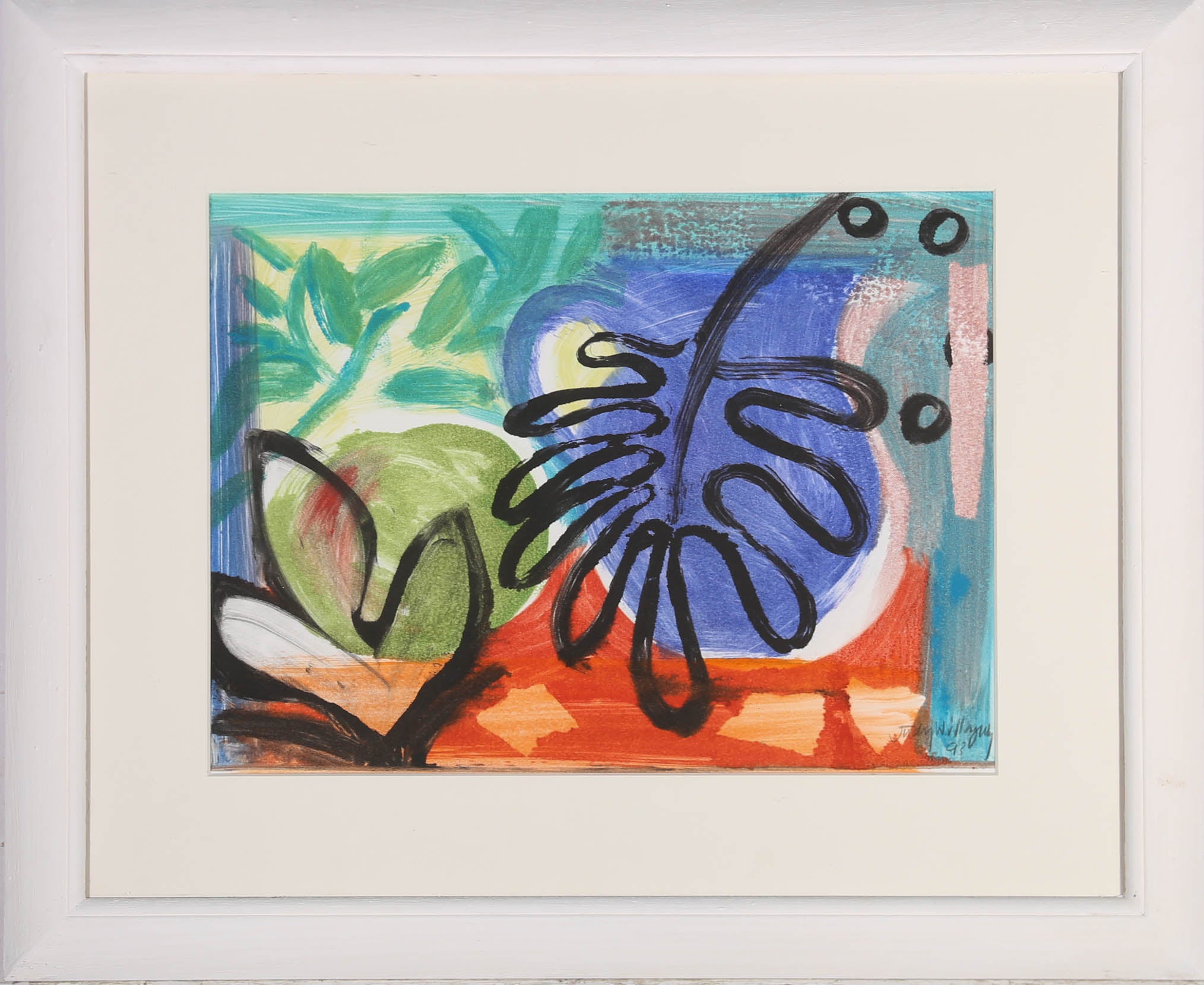 A strikingly vibrant monoprint, showing a graphic, gestural drawing of a tropical leaf on an array of vivid colours. The artist has signed and dated to the lower right corner and the print has been attractively presented in a simple white frame with