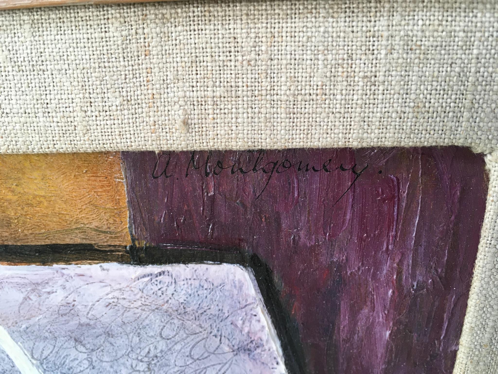 Mid-Century Modern Nature morte cruche et coquillage - Peinture à l'huile signée Anne Montgomery en vente