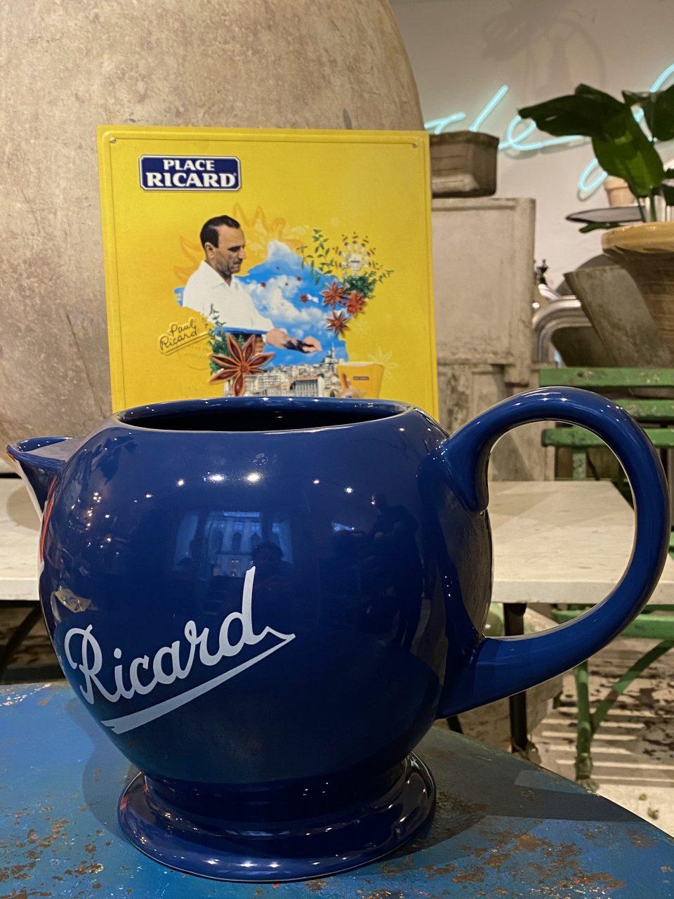 Nostalgic French Ricard pitcher. Great shape, and would look super placed in a retro setting, summer cottage, bar, even as a vase etc.

This super vintage blue ceramic jug with white writing dates back to circa 1950s and would have stood in French