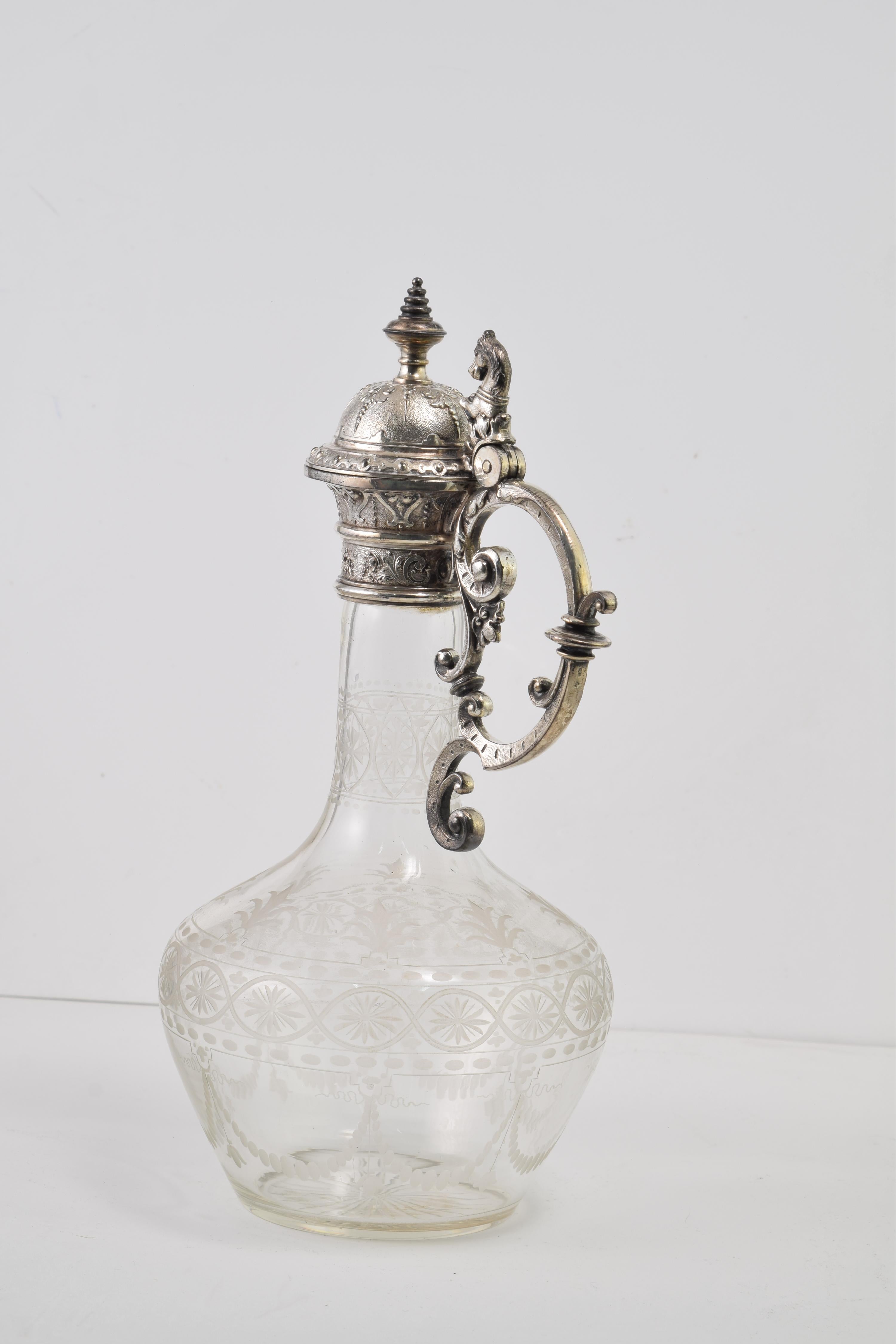 European Jug. Glass, silver metal. Possibly WMF, Germany. Around 1900.  For Sale