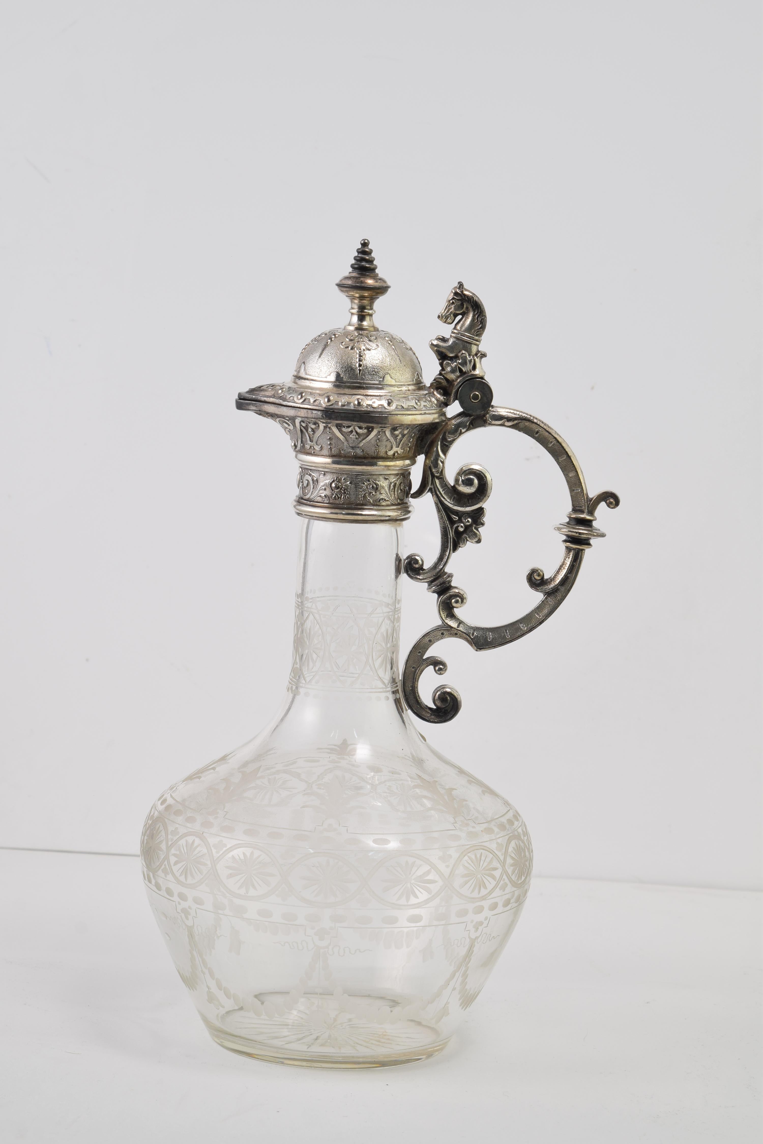 Jug. Glass, silver metal. Possibly WMF, Germany. Around 1900.  In Fair Condition For Sale In Madrid, ES
