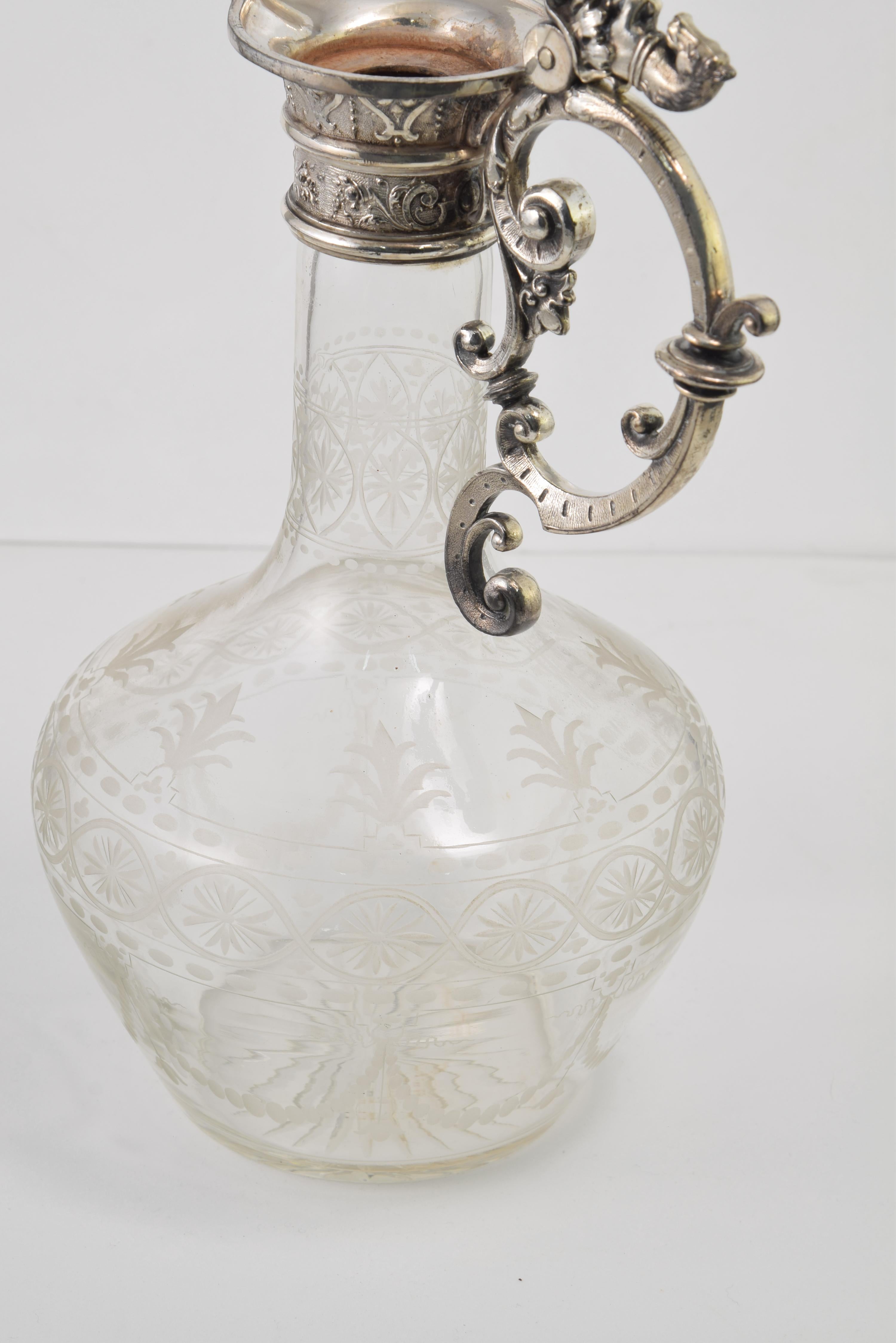 Metal Jug. Glass, silver metal. Possibly WMF, Germany. Around 1900.  For Sale