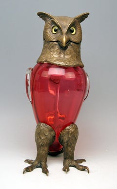 Krug Glaskanne Bronze Eule Josephinenhütte Design Franz Pohl jr. Böhmen 1891