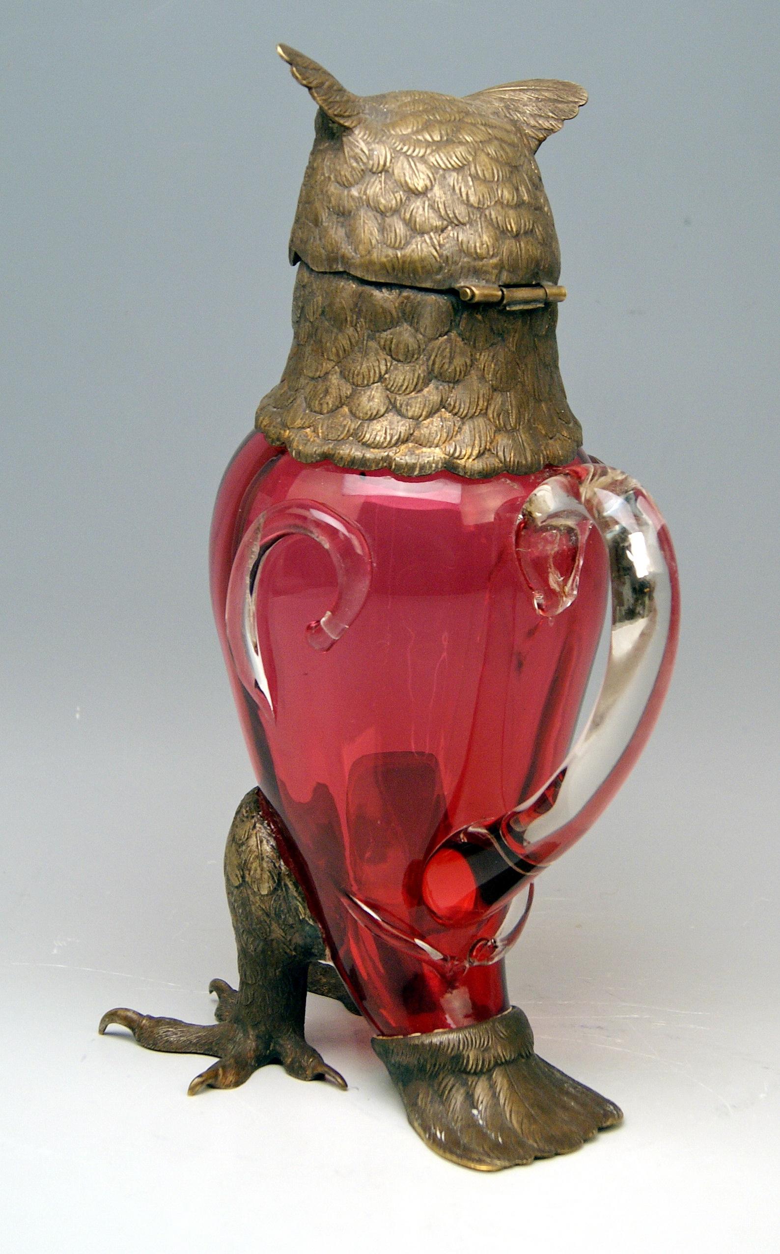 Other Jug Pitcher Glass Bronze Owl Josephinenhuette Design Franz Pohl Jr. Bohemia 1891