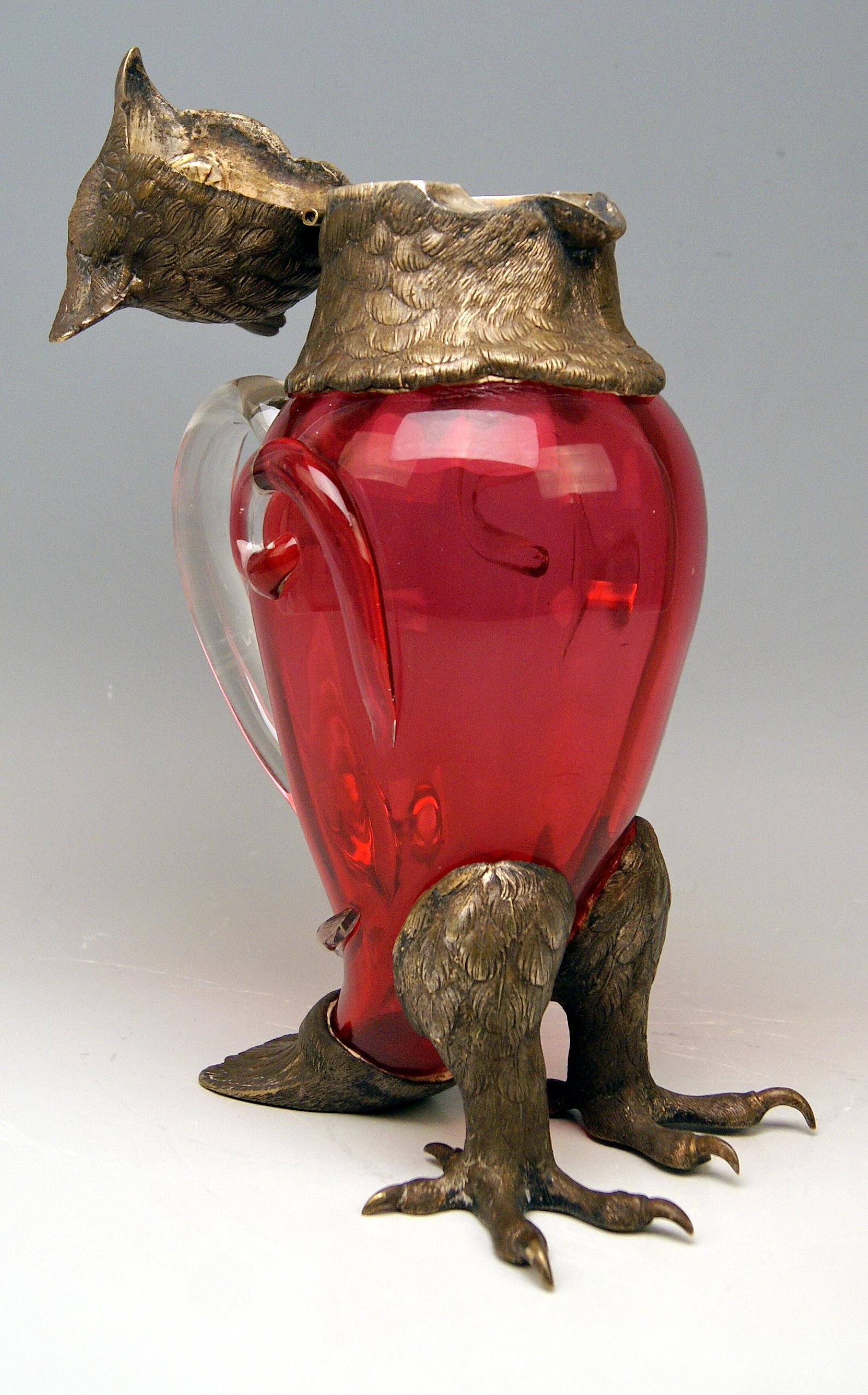 Austrian Jug Pitcher Glass Bronze Owl Josephinenhuette Design Franz Pohl Jr. Bohemia 1891
