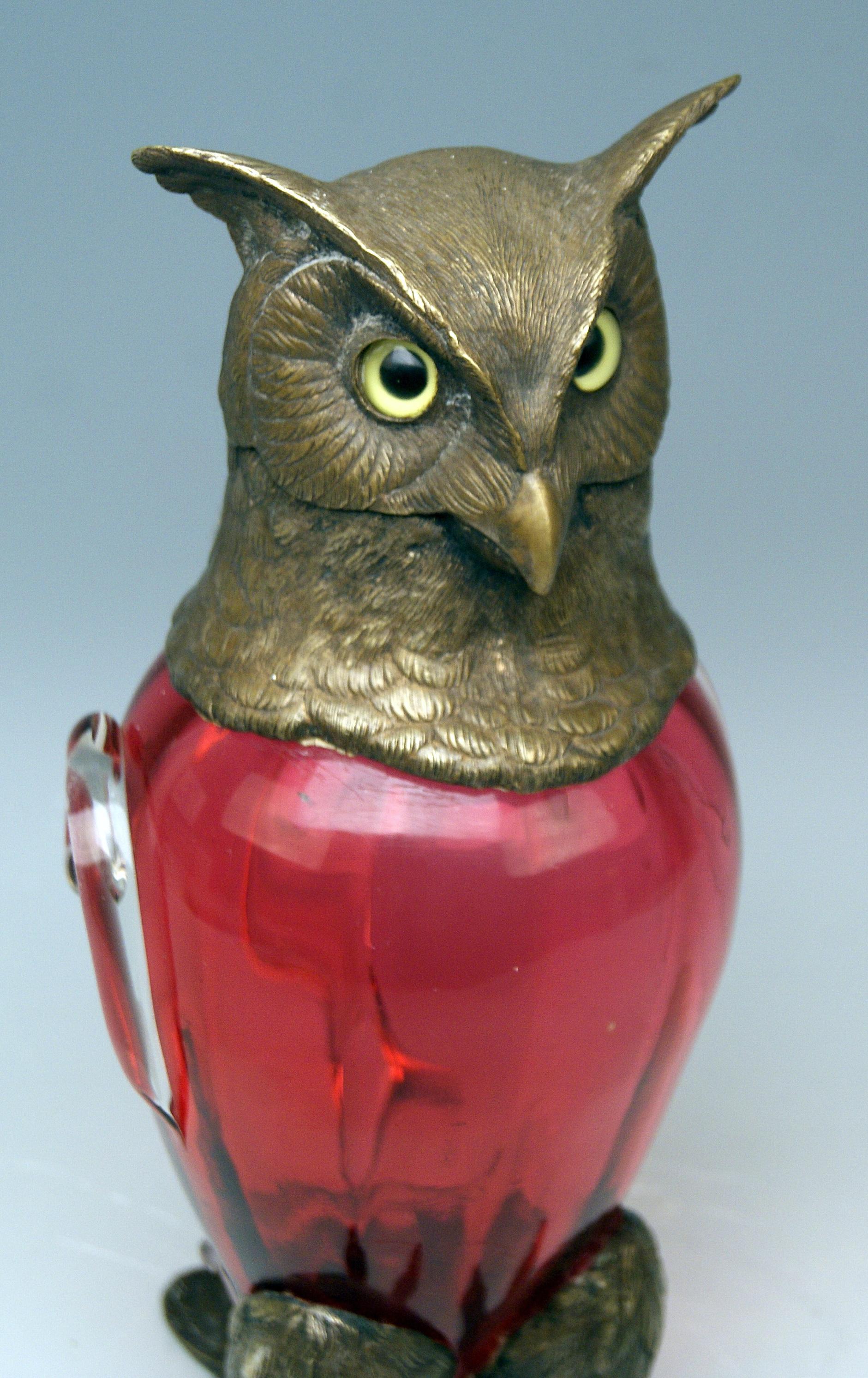 Hand-Crafted Jug Pitcher Glass Bronze Owl Josephinenhuette Design Franz Pohl Jr. Bohemia 1891