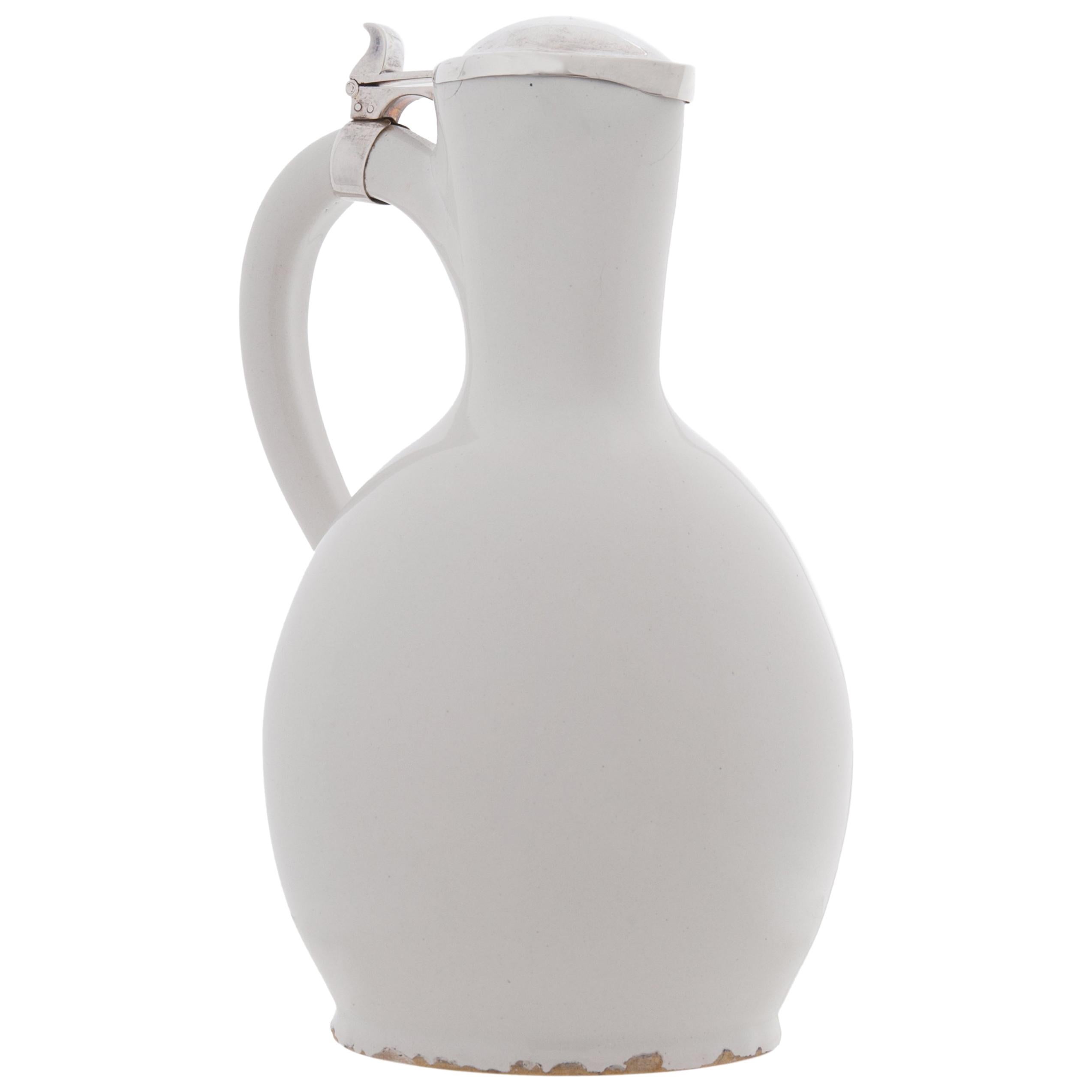 Jug with Silver Lid in White Dutch Delftware For Sale