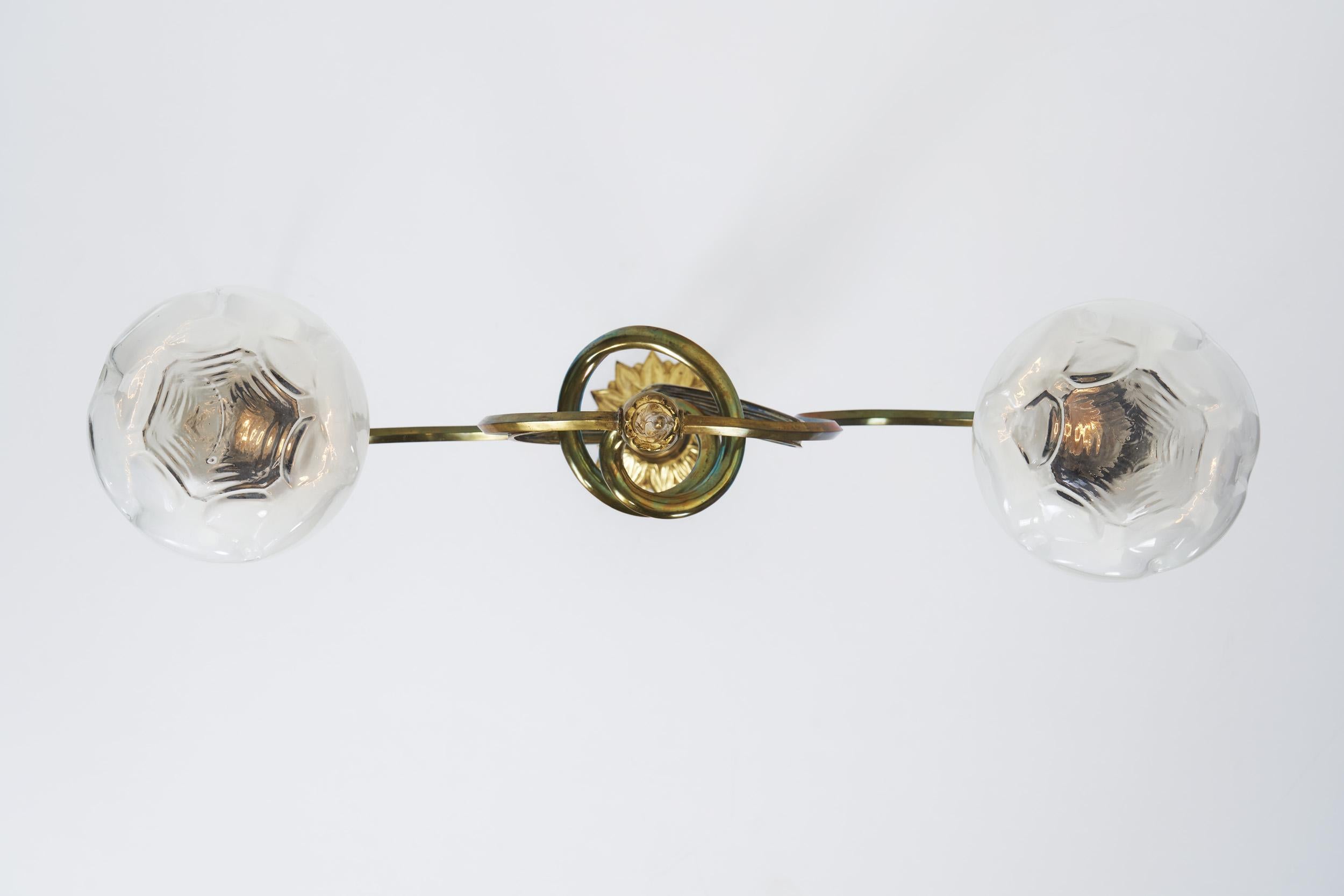 Jugend Ceiling Lamp in Patinated Brass and Glass, Europe early 20th century For Sale 5