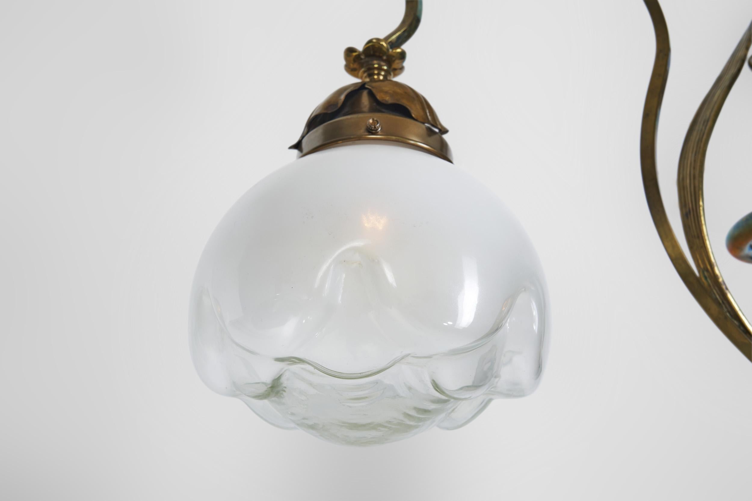 Jugend Ceiling Lamp in Patinated Brass and Glass, Europe early 20th century For Sale 6