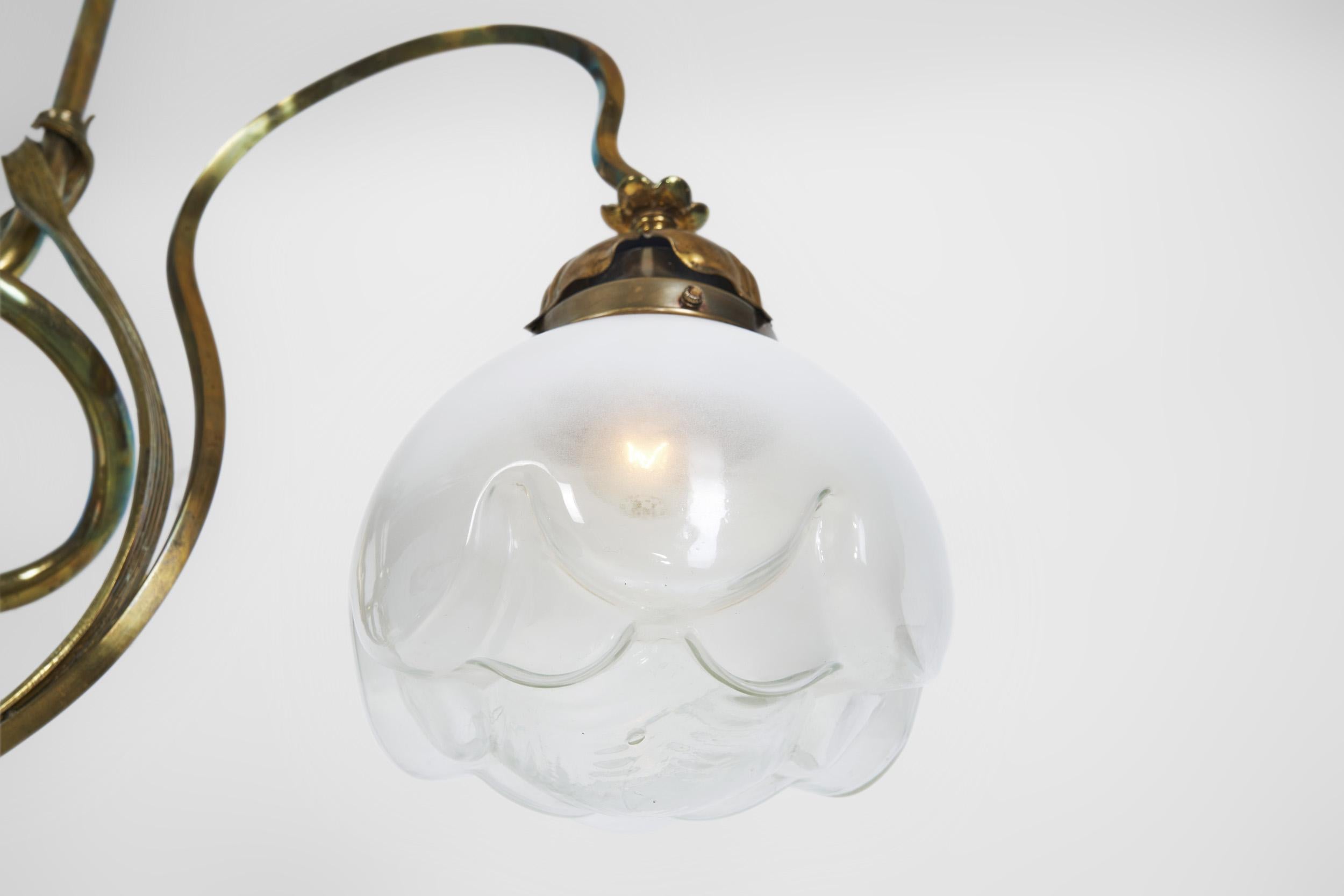 Jugend Ceiling Lamp in Patinated Brass and Glass, Europe early 20th century For Sale 10