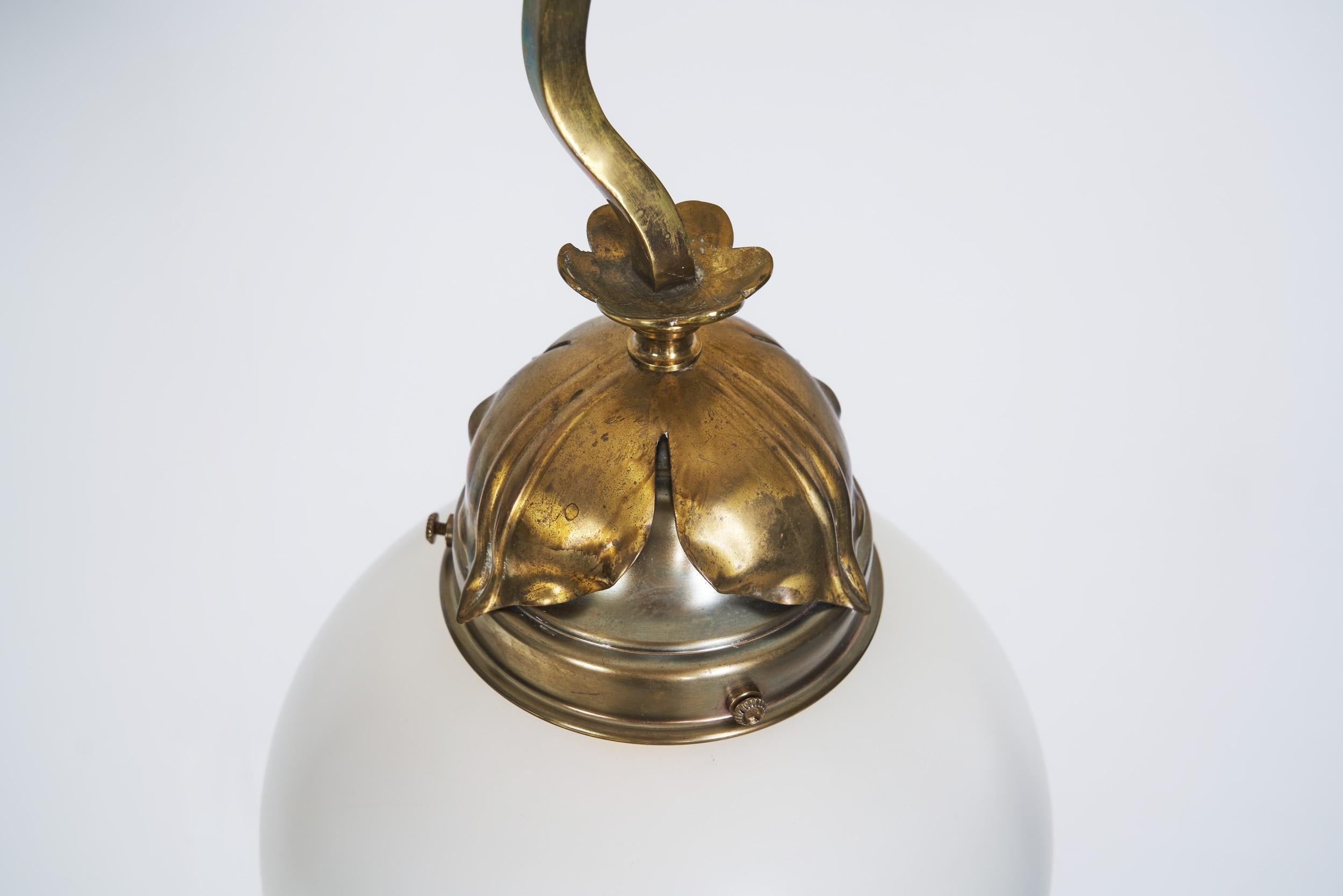Jugend Ceiling Lamp in Patinated Brass and Glass, Europe early 20th century For Sale 11