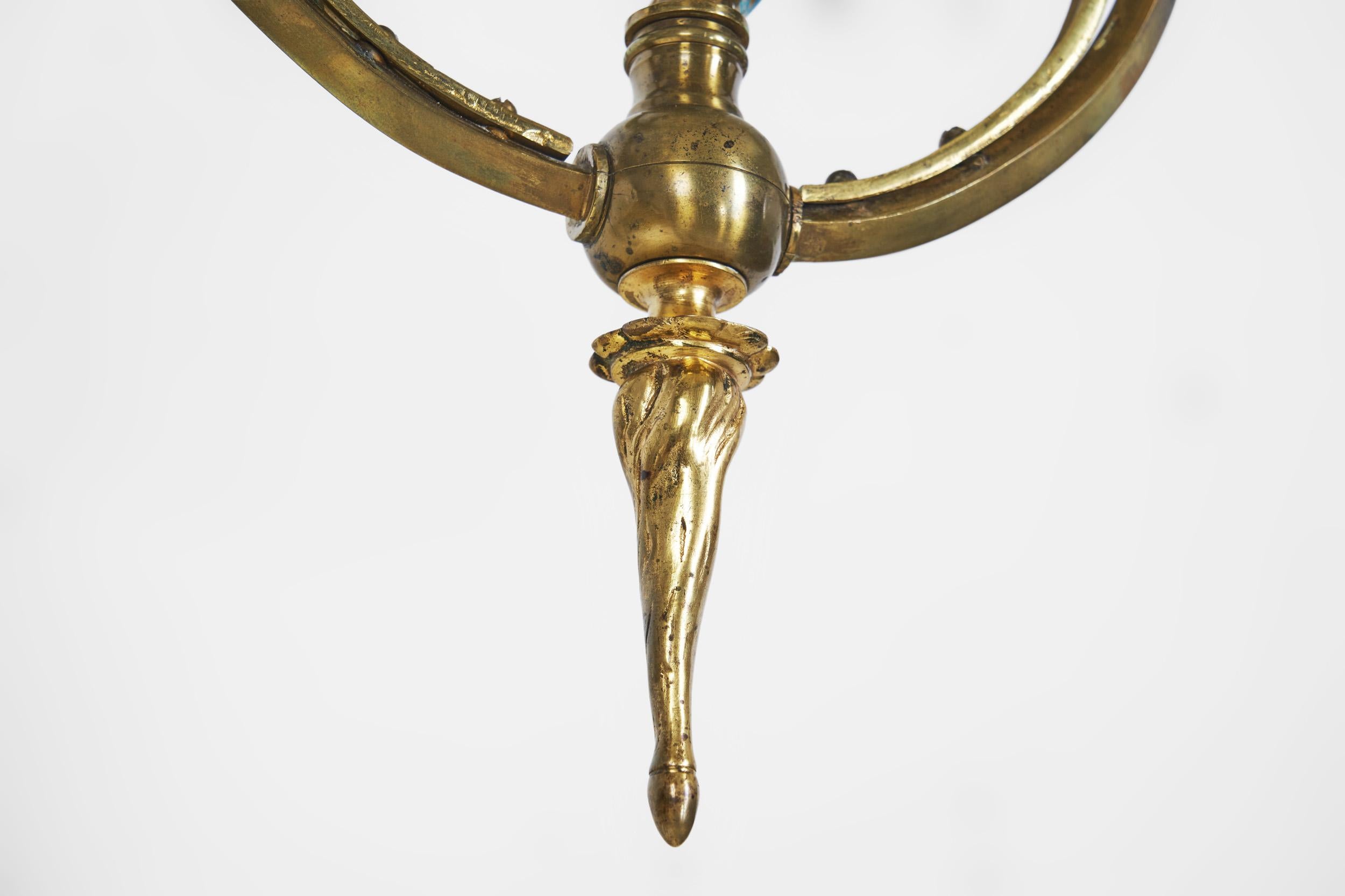 Jugend Ceiling Lamp in Patinated Brass and Glass, Europe early 20th century For Sale 13