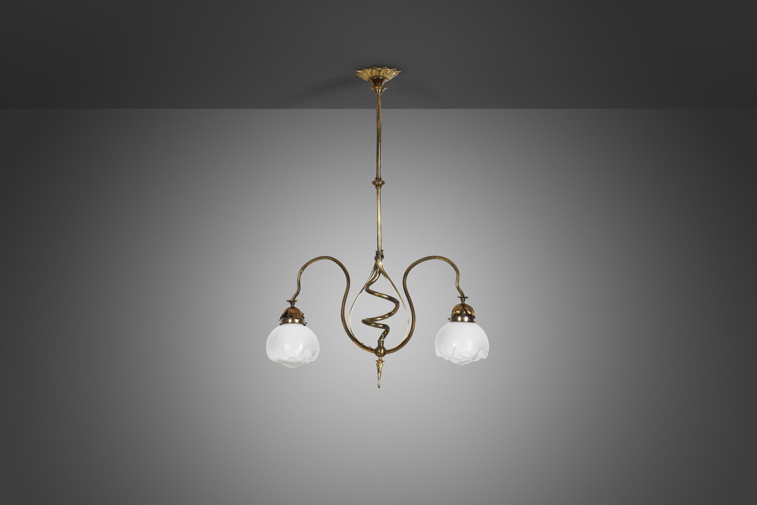 Mid-Century Modern Jugend Ceiling Lamp in Patinated Brass and Glass, Europe early 20th century For Sale