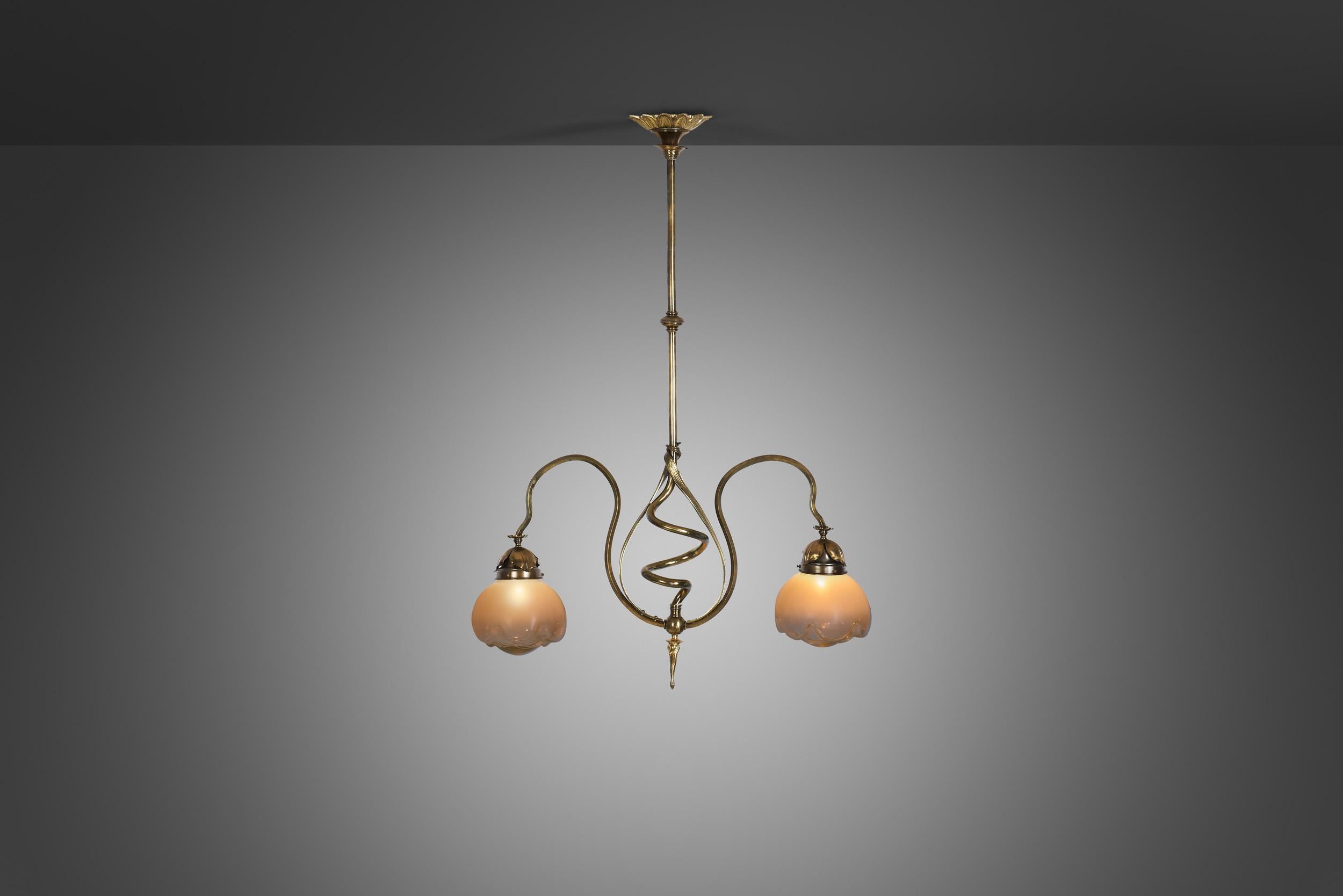 European Jugend Ceiling Lamp in Patinated Brass and Glass, Europe early 20th century For Sale