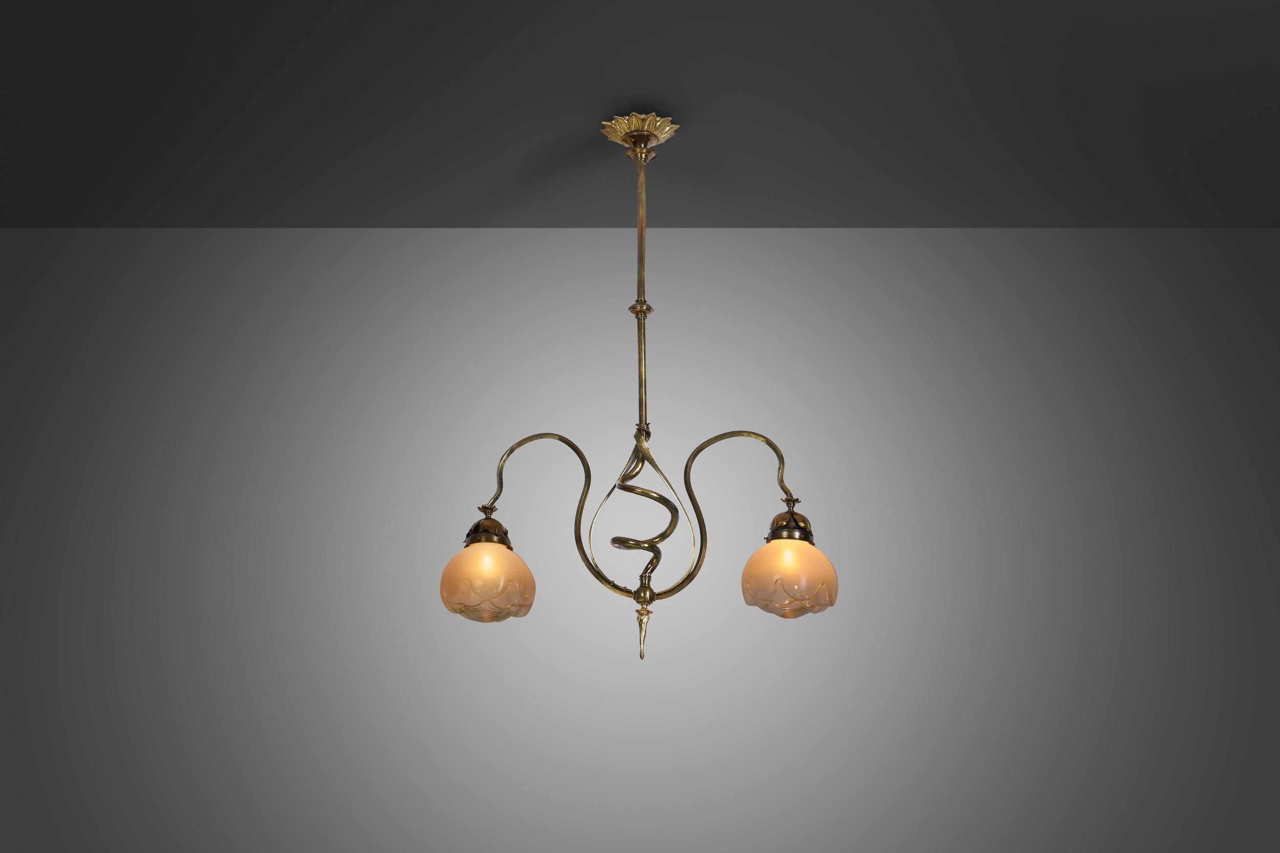 20th Century Jugend Ceiling Lamp in Patinated Brass and Glass, Europe early 20th century For Sale