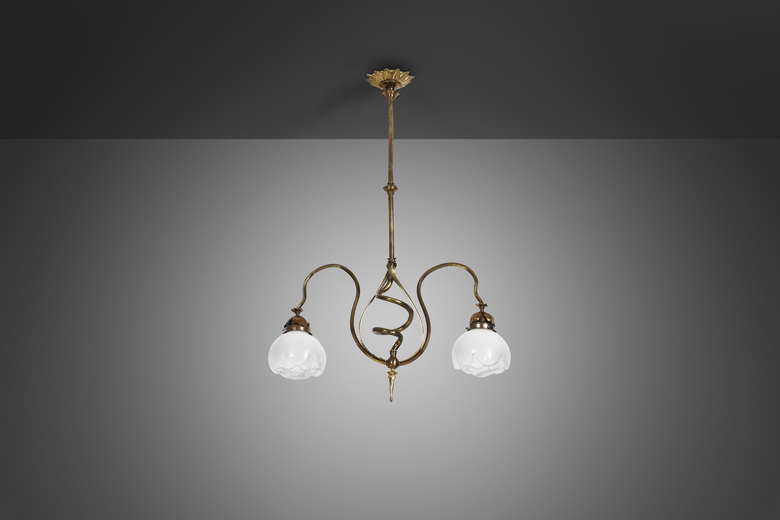 Jugend Ceiling Lamp in Patinated Brass and Glass, Europe early 20th century For Sale 1