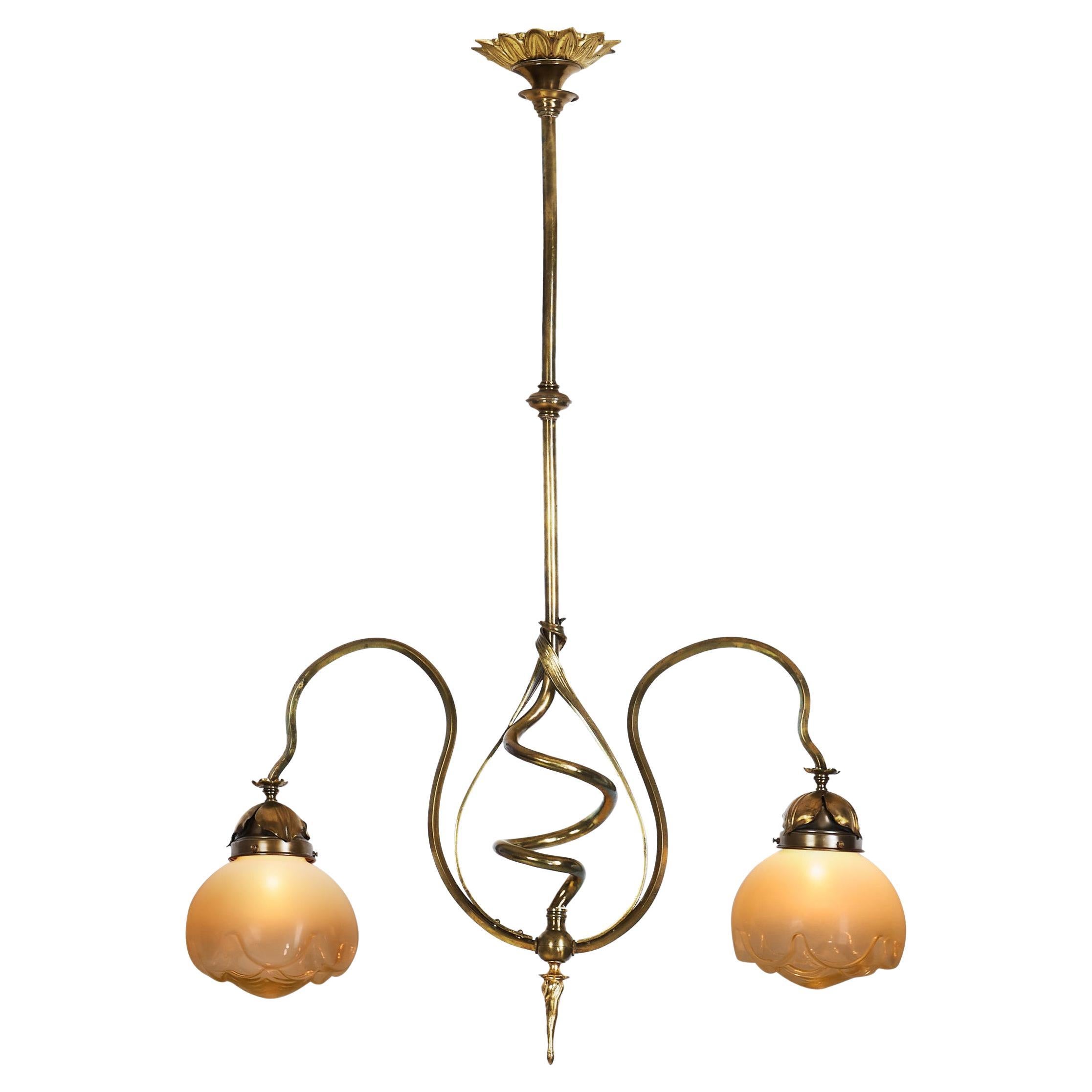 Jugend Ceiling Lamp in Patinated Brass and Glass, Europe early 20th century For Sale