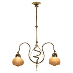 Jugend Ceiling Lamp in Patinated Brass and Glass, Europe early 20th century