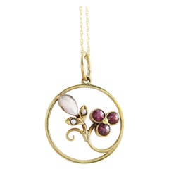 Jugendstil 14 Karat Yellow Gold Natural Pearl Austrian Garnet Pendant