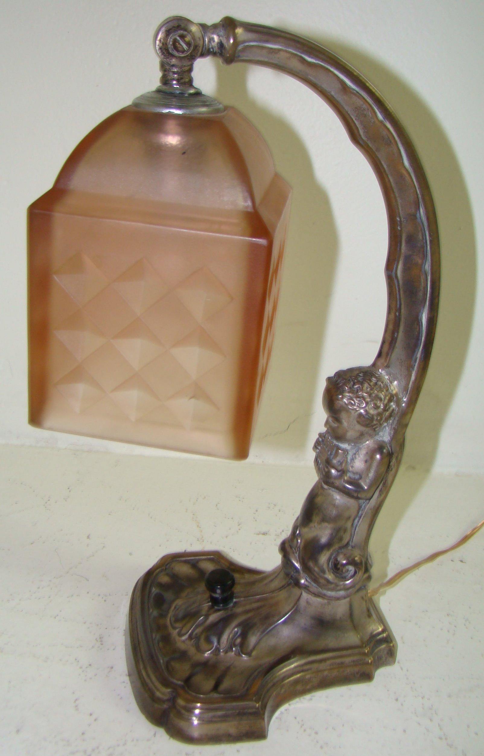 Early 20th Century Jugendstil, Art Nouveau, Table Lamp, 1900, Silver Plated Metal and France glass For Sale