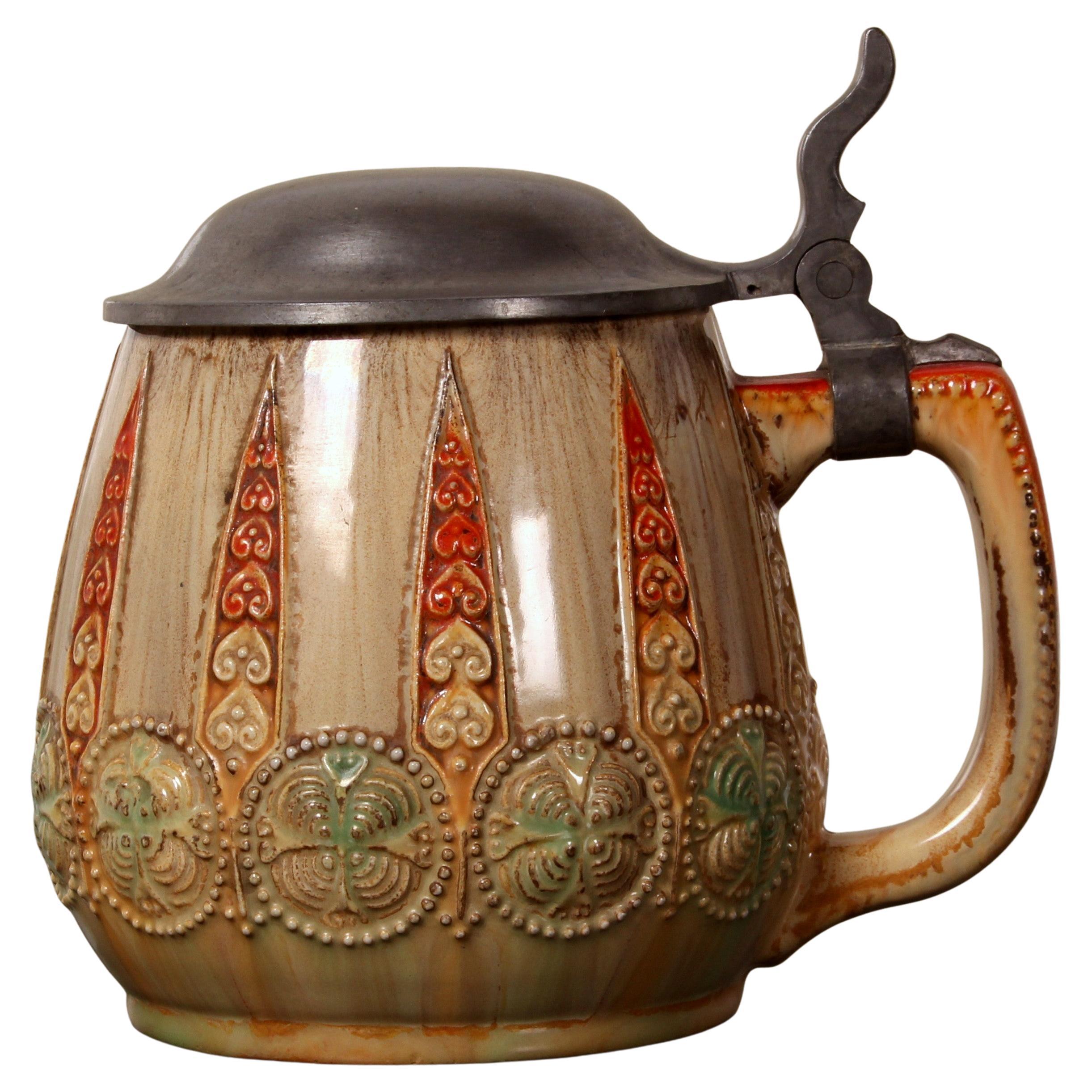 Jugendstil Cerveza Stein art nouveau WICK WERKE esmalte de uranio tapa de peltre am colores en venta 2
