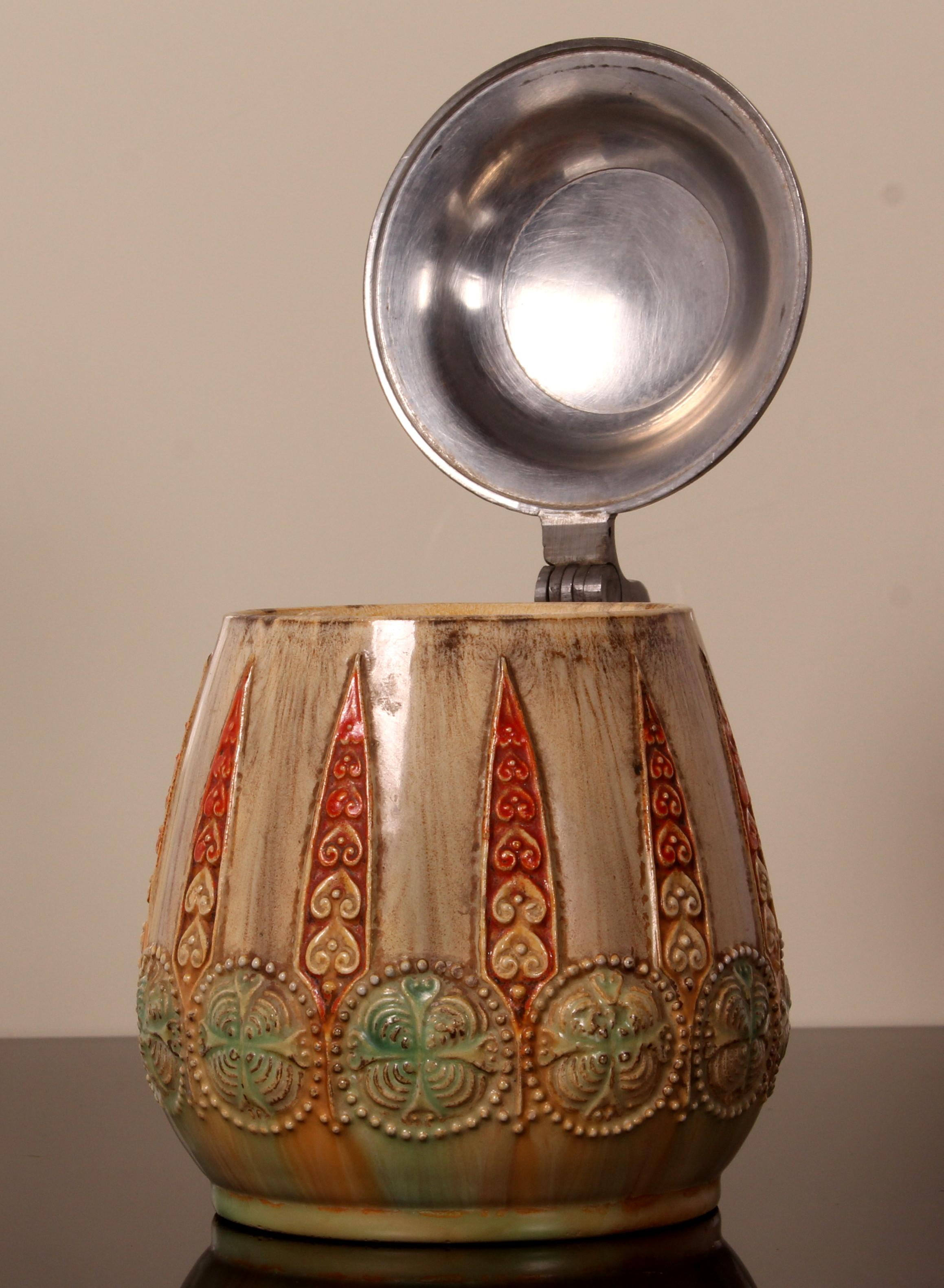 Jugendstil Cerveza Stein art nouveau WICK WERKE esmalte de uranio tapa de peltre am colores en venta 4