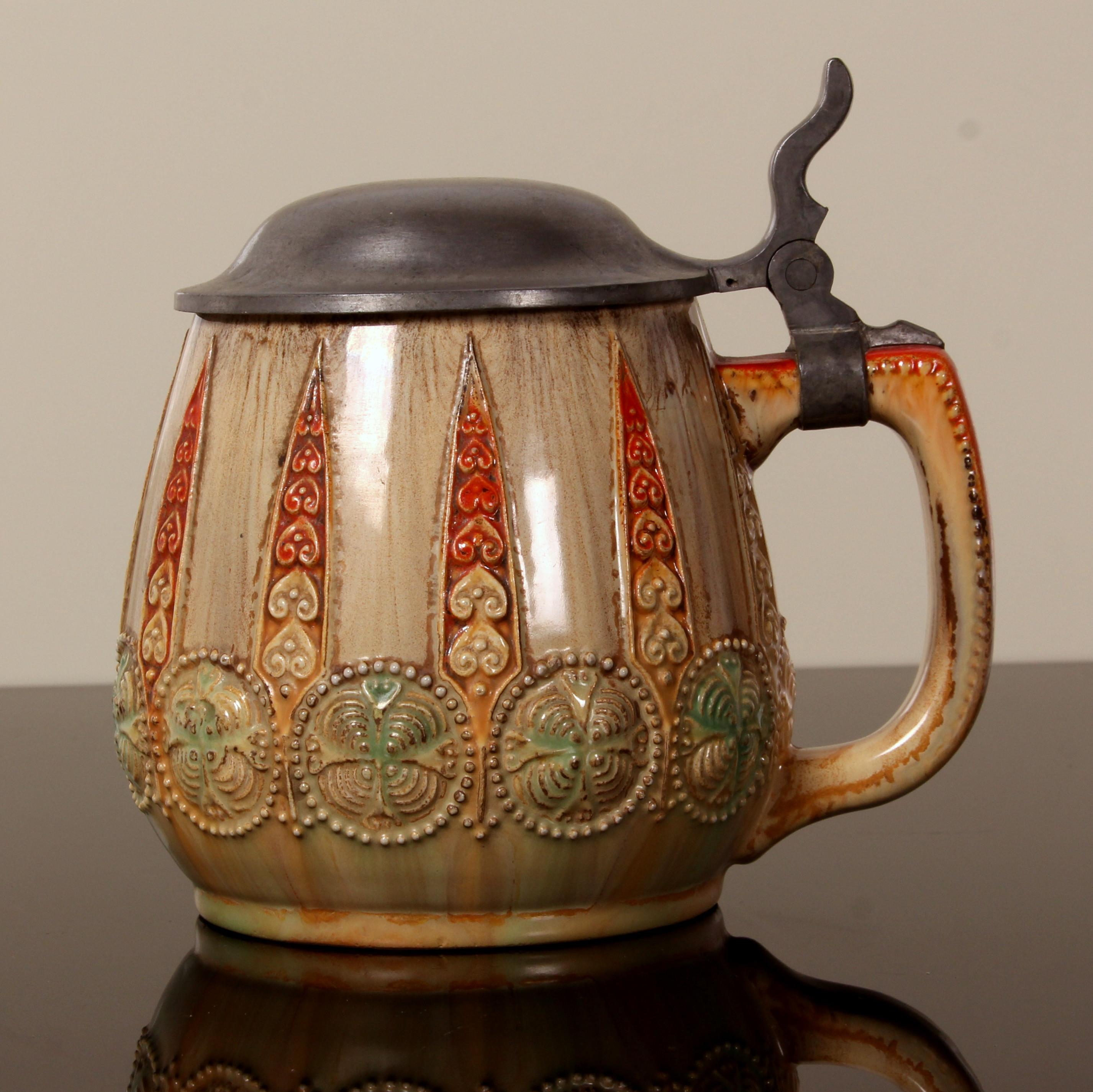 Jugendstil Cerveza Stein art nouveau WICK WERKE esmalte de uranio tapa de peltre am colores en venta 8