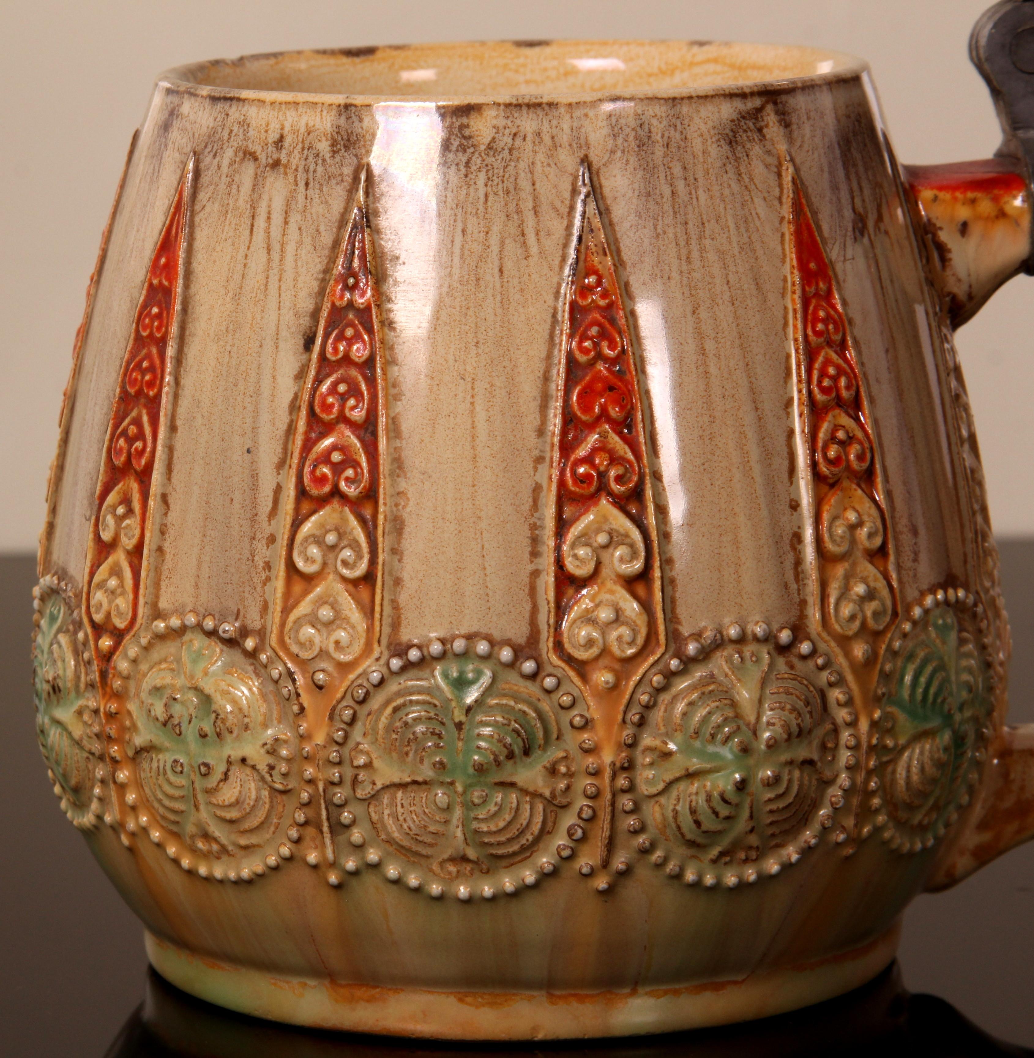 Jugendstil Cerveza Stein art nouveau WICK WERKE esmalte de uranio tapa de peltre am colores Art Nouveau en venta
