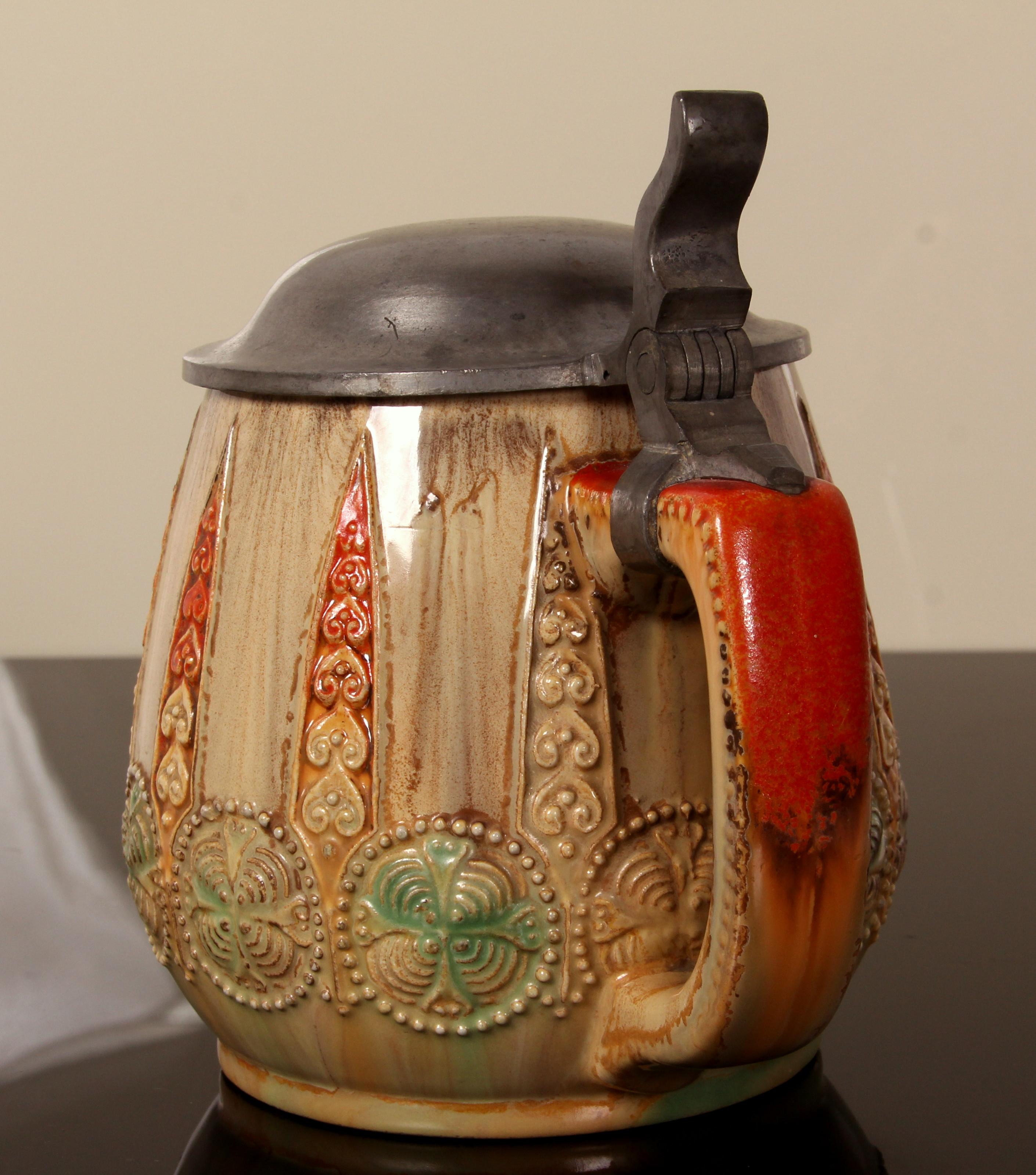 Jugendstil Cerveza Stein art nouveau WICK WERKE esmalte de uranio tapa de peltre am colores Hecho a mano en venta