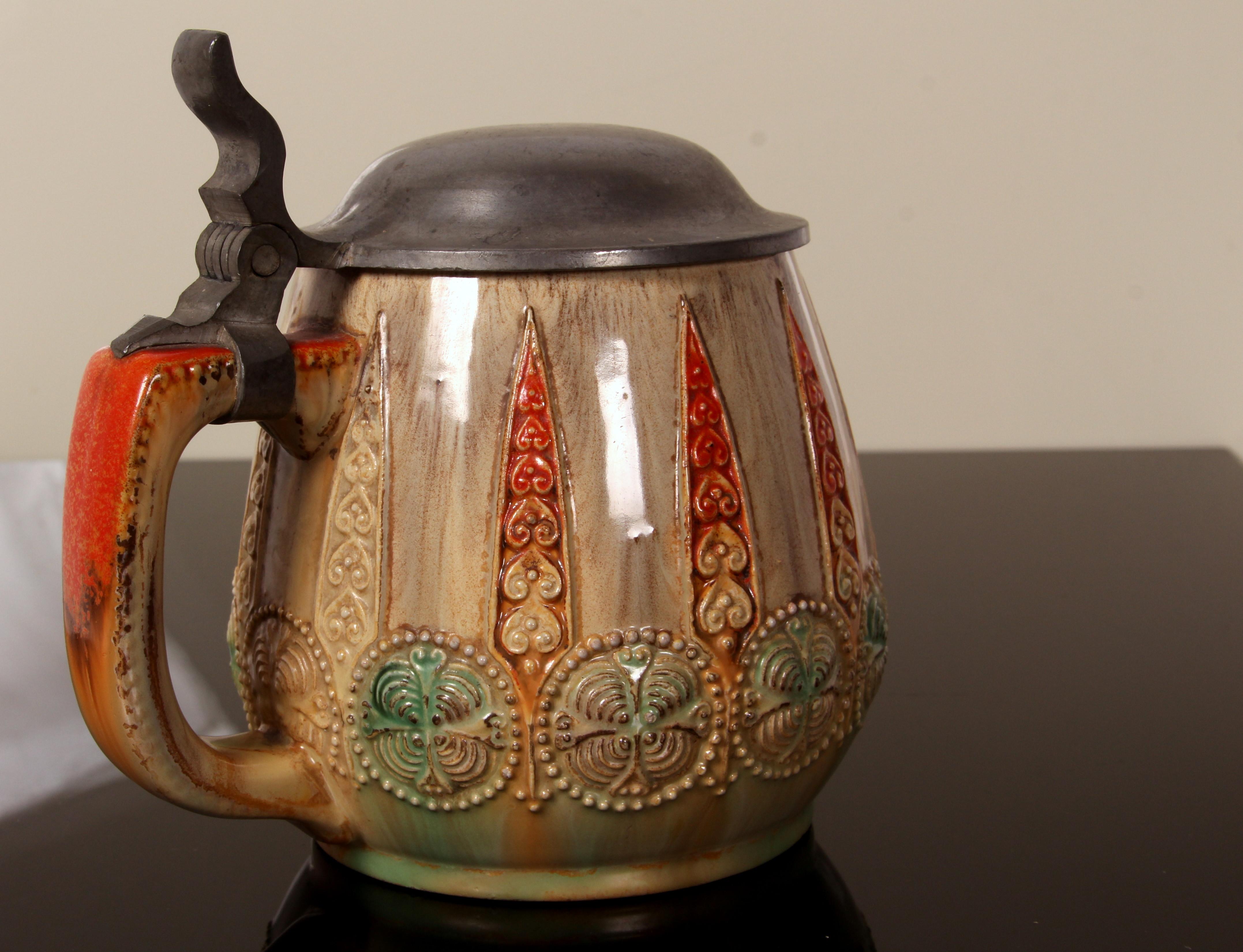 Jugendstil Cerveza Stein art nouveau WICK WERKE esmalte de uranio tapa de peltre am colores en Bueno estado para la venta en Landshut, BY