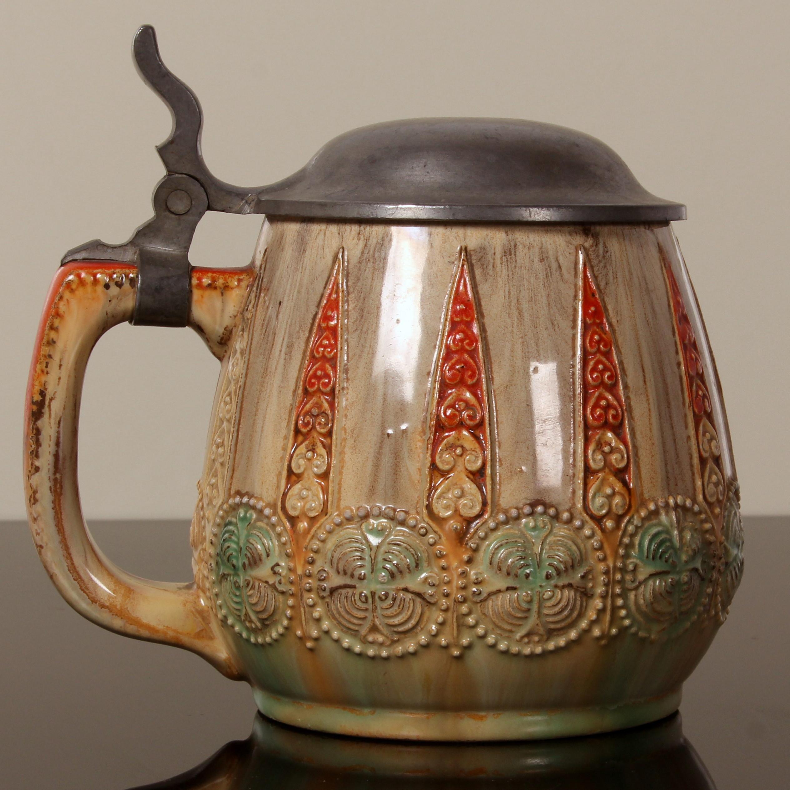 Jugendstil Cerveza Stein art nouveau WICK WERKE esmalte de uranio tapa de peltre am colores en venta 1