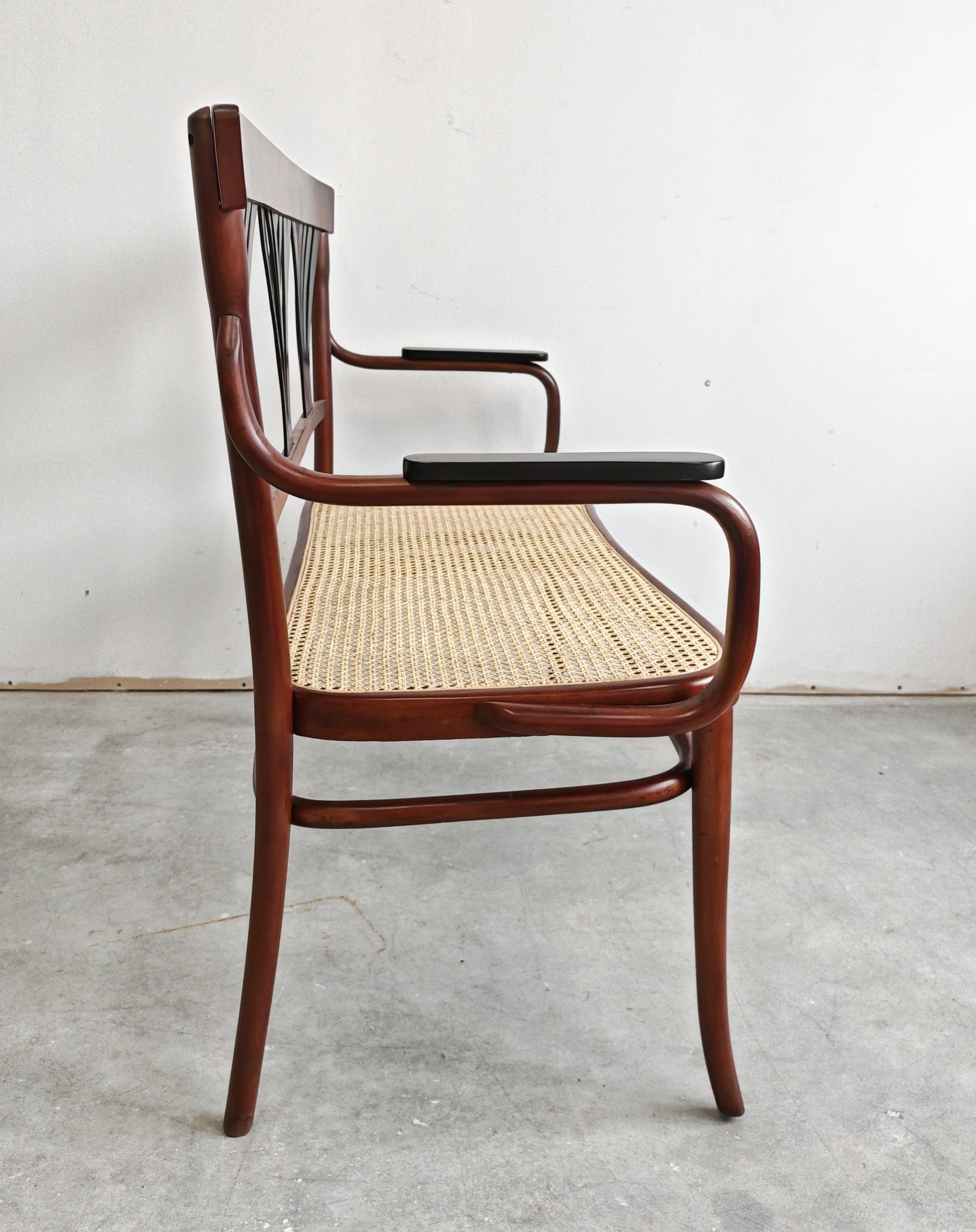 Canne Banc ou banquette Jugendstil en bois courbé, avec siège en rotin, Autriche, années 1910 en vente