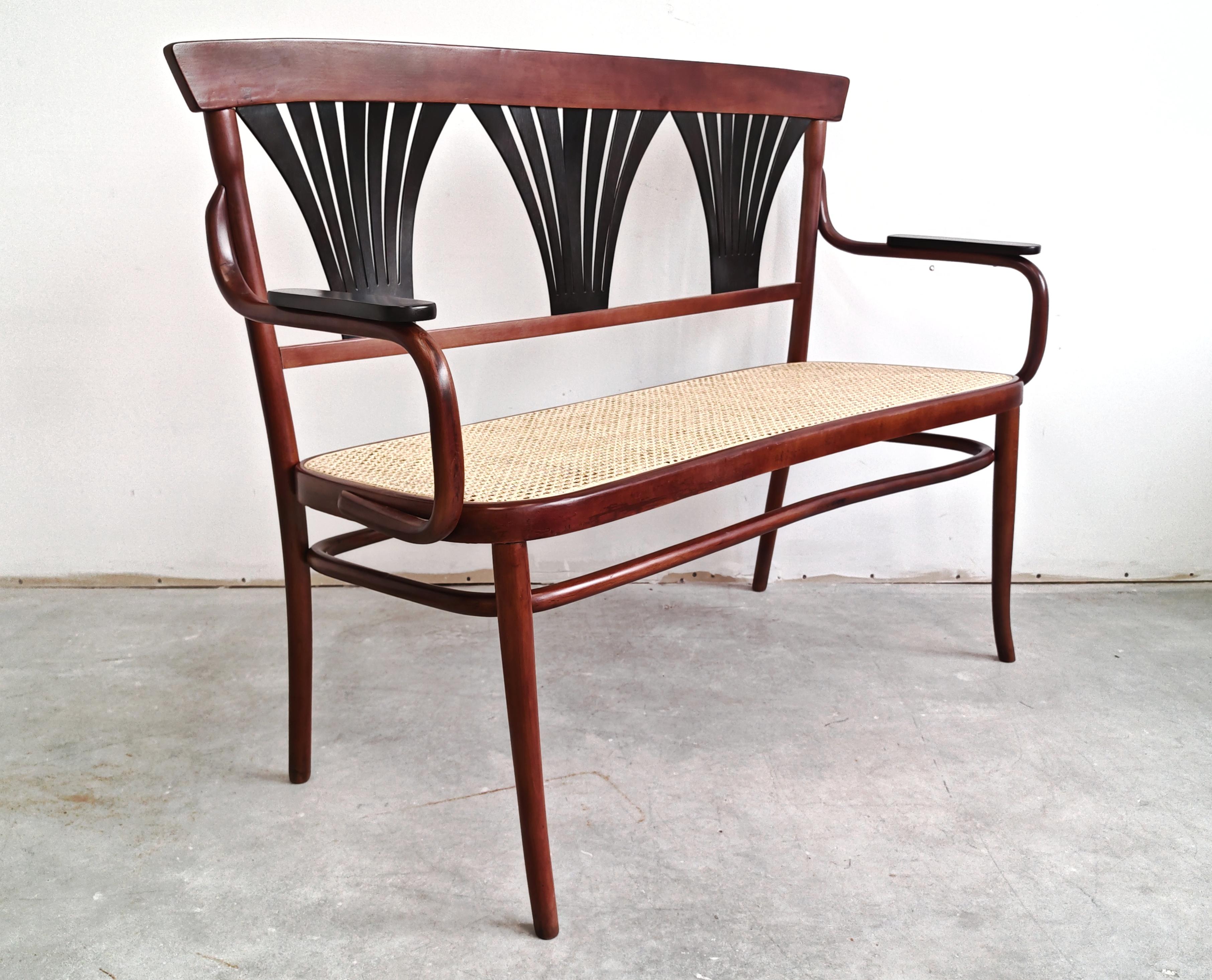 Banc ou banquette Jugendstil en bois courbé, avec siège en rotin, Autriche, années 1910 en vente 1