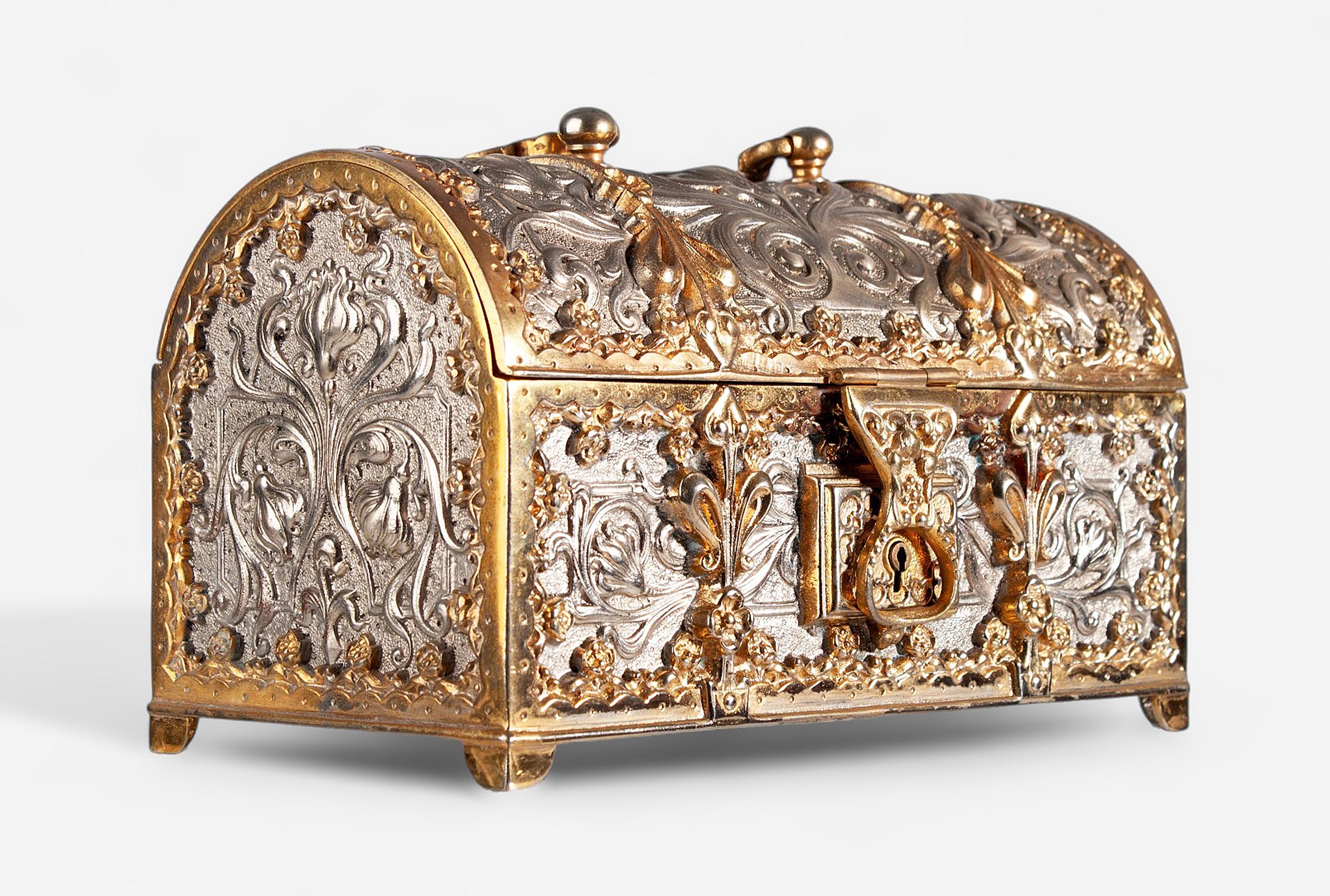 Jugendstil Brass Jewelry Casket with Velvet Lining by Erhard & Söhne, Germany In Good Condition For Sale In North Miami, FL