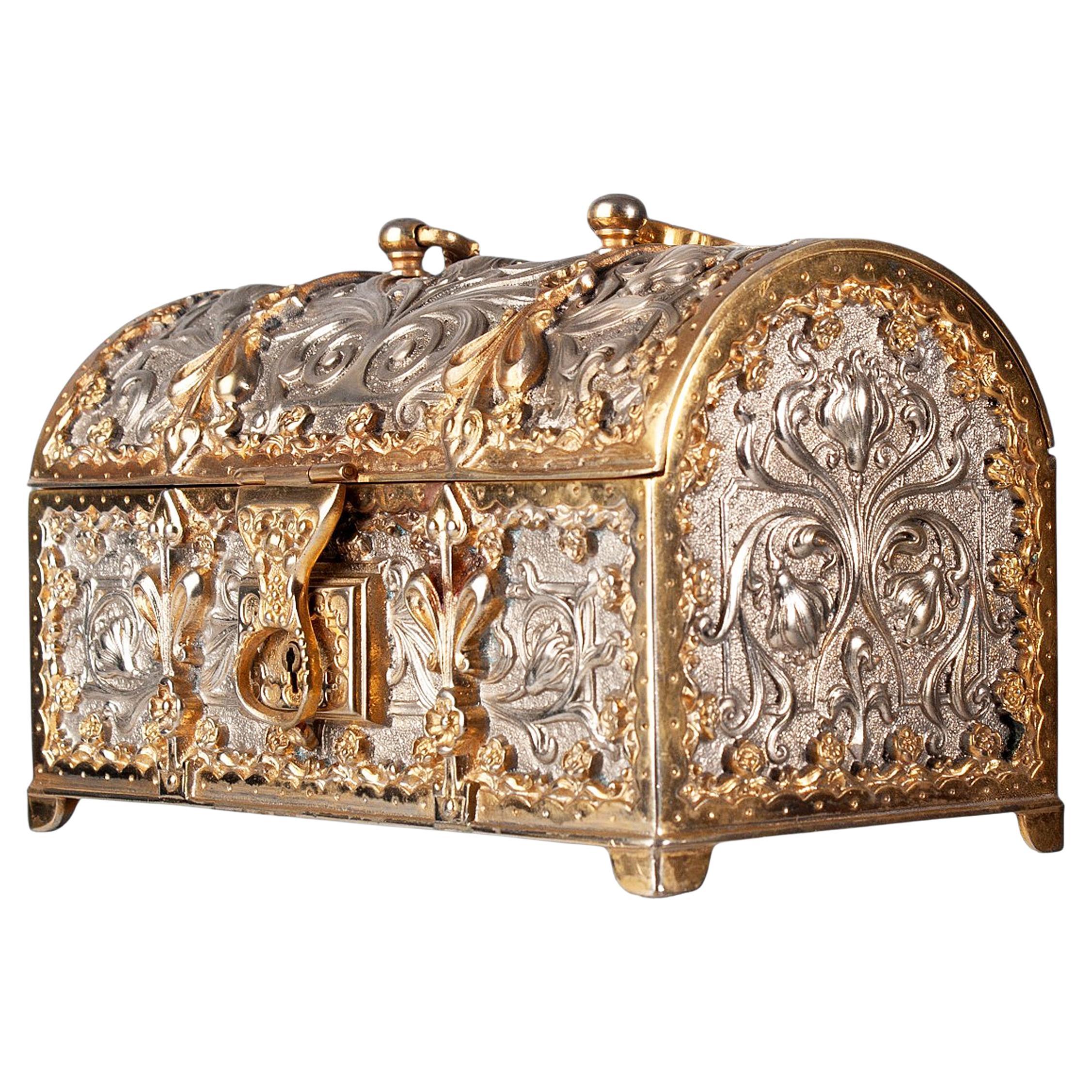 Cofre para joyas Jugendstil de latón con forro de terciopelo de Erhard & Söhne, Alemania