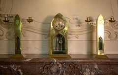 Jugendstil-Kaminsims aus Messing mit Uhr und 2 Kandelabern
