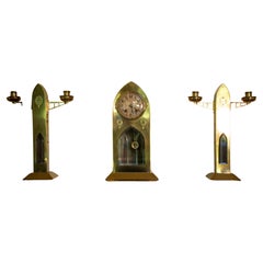 Jugendstil brass mantlepiece set with clock and 2 candelabras