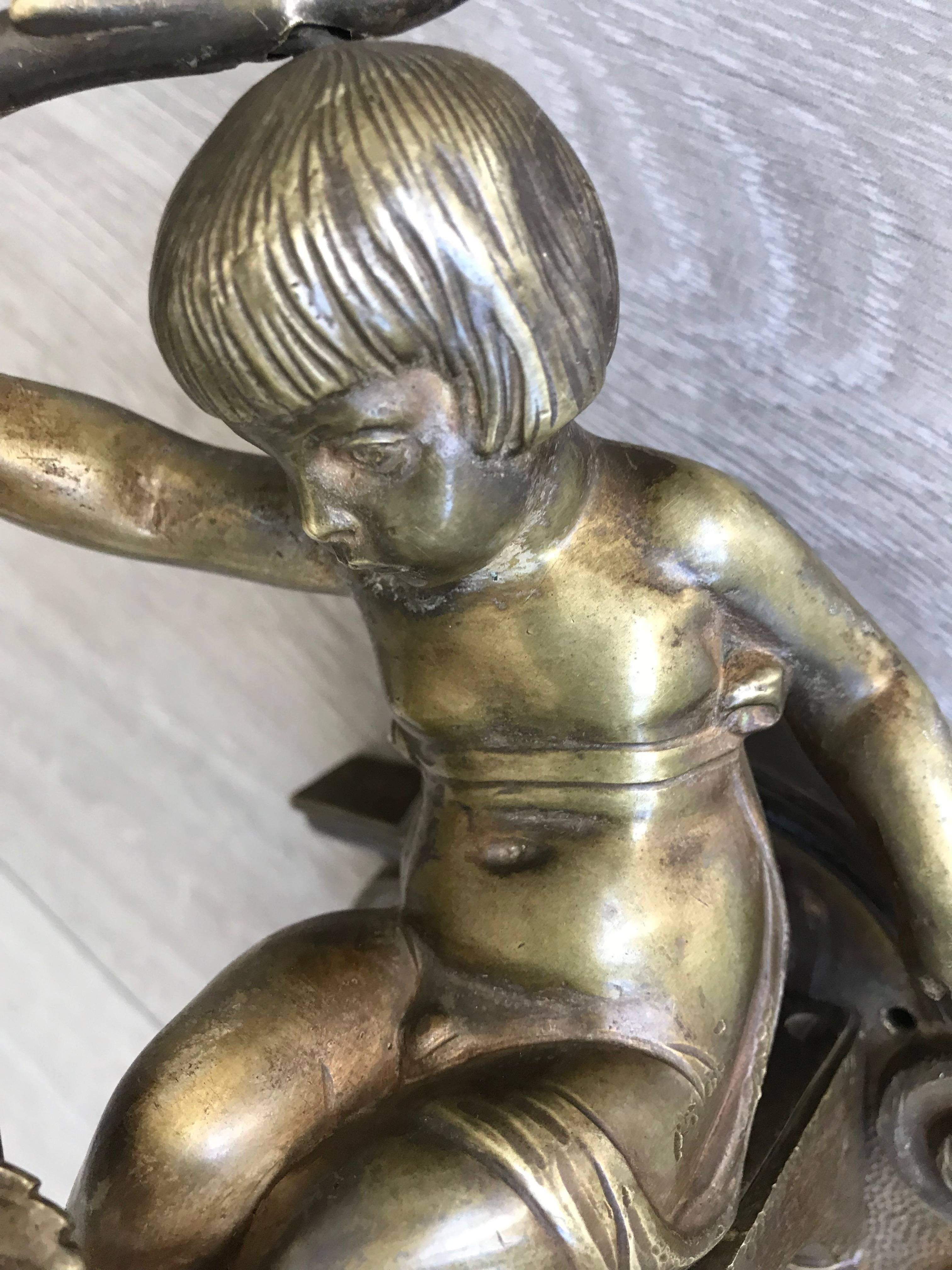 German Jugendstil Bronze Boy Sculpture Wall Sconce Holding Up Roses, Wall Light Fixture For Sale