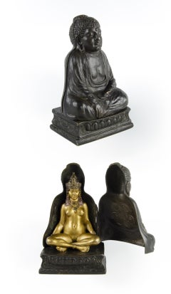 Jugendstil-Bronzeskulpturen von Buddha und Priestess aus dem Jugendstil von Franz Bergmann, Österreich