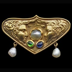 Jugendstil Brooch Gold Sapphire Attributed to Fritz Wolber, c. 1900