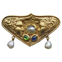Used Jugendstil Brooch Gold Sapphire Attributed to Fritz Wolber, c. 1900