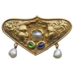 Jugendstil Brooch Gold Sapphire Attributed to Fritz Wolber, c. 1900