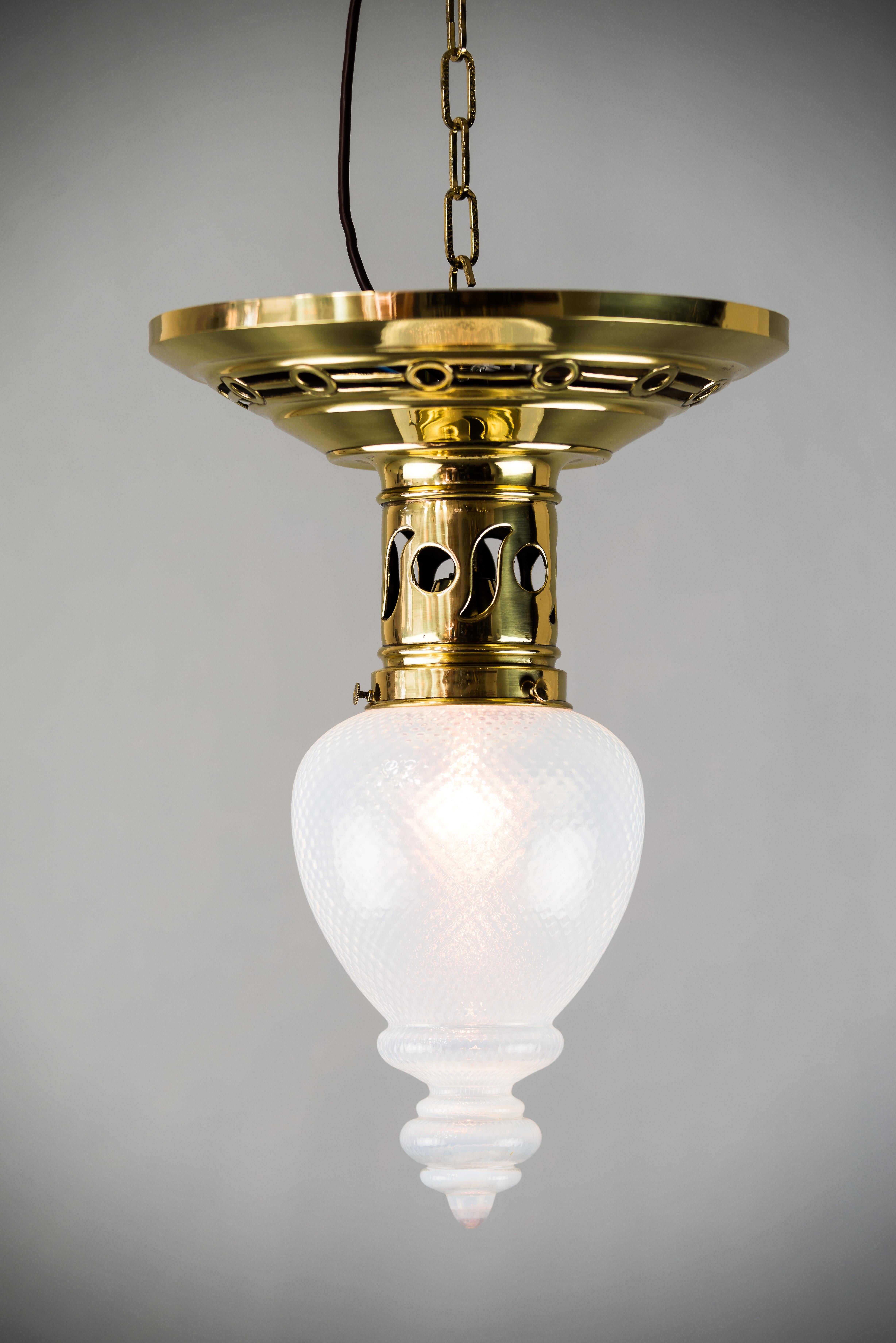 Brass Jugendstil Ceiling Lamp circa 1908 with Original Opaline Glass Shade