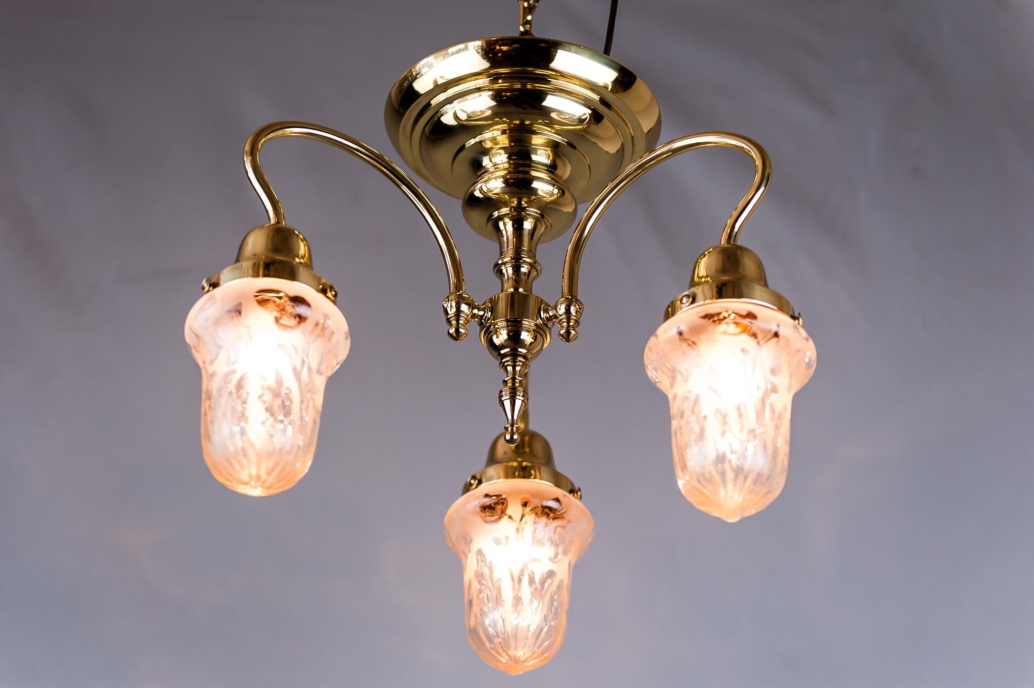 Brass Jugendstil Ceiling Lamp, circa 1908 with Original Glass Shades