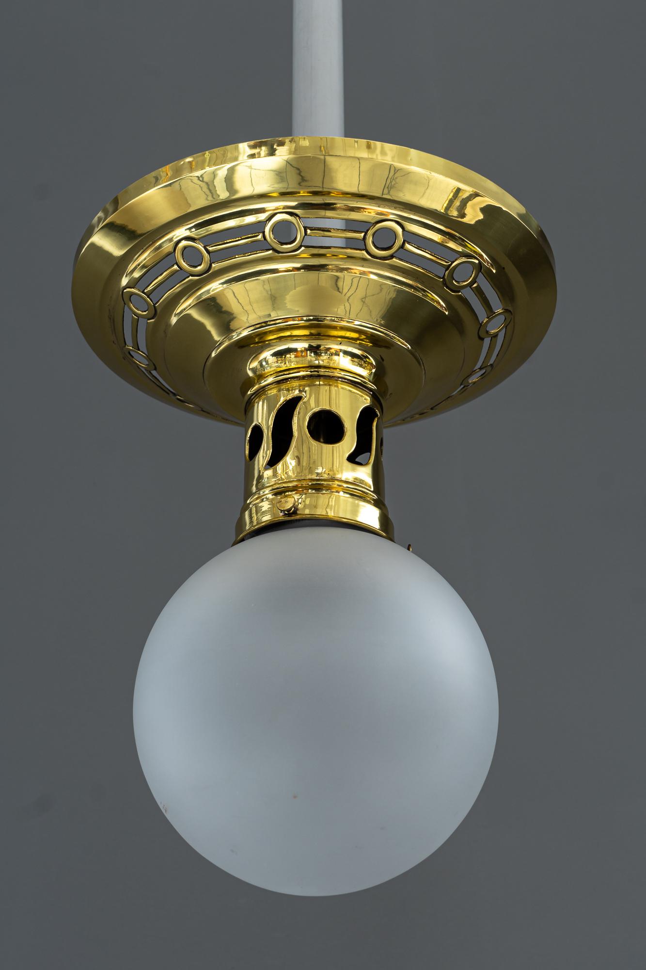 Brass Jugendstil Ceiling Lamp circa 1908 with Original Opaline Glass Shade For Sale