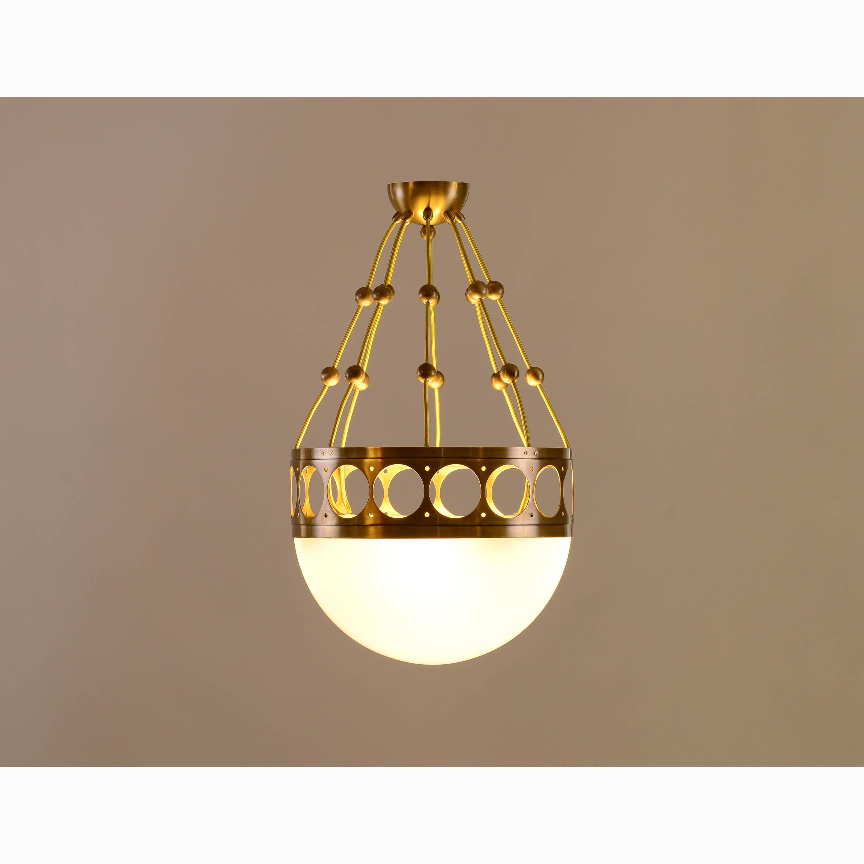 Beautiful Woka ceiling lamp, also available with a 50 cm diameter radius - total drop is custom-made. 
Materials used are brass and opaline glass. Available in different finishes. 
Length: custom-made 

All components according to the UL