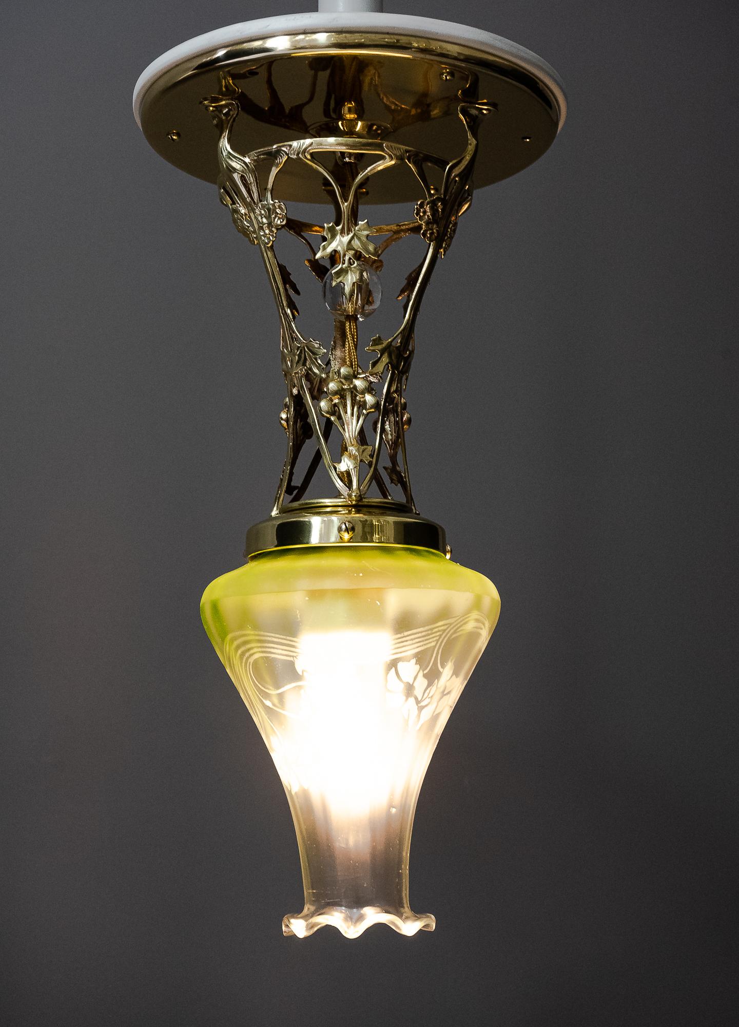 Jugendstil Ceiling Lamp Vienna circa 1908 with Original Glass Shade For Sale 6