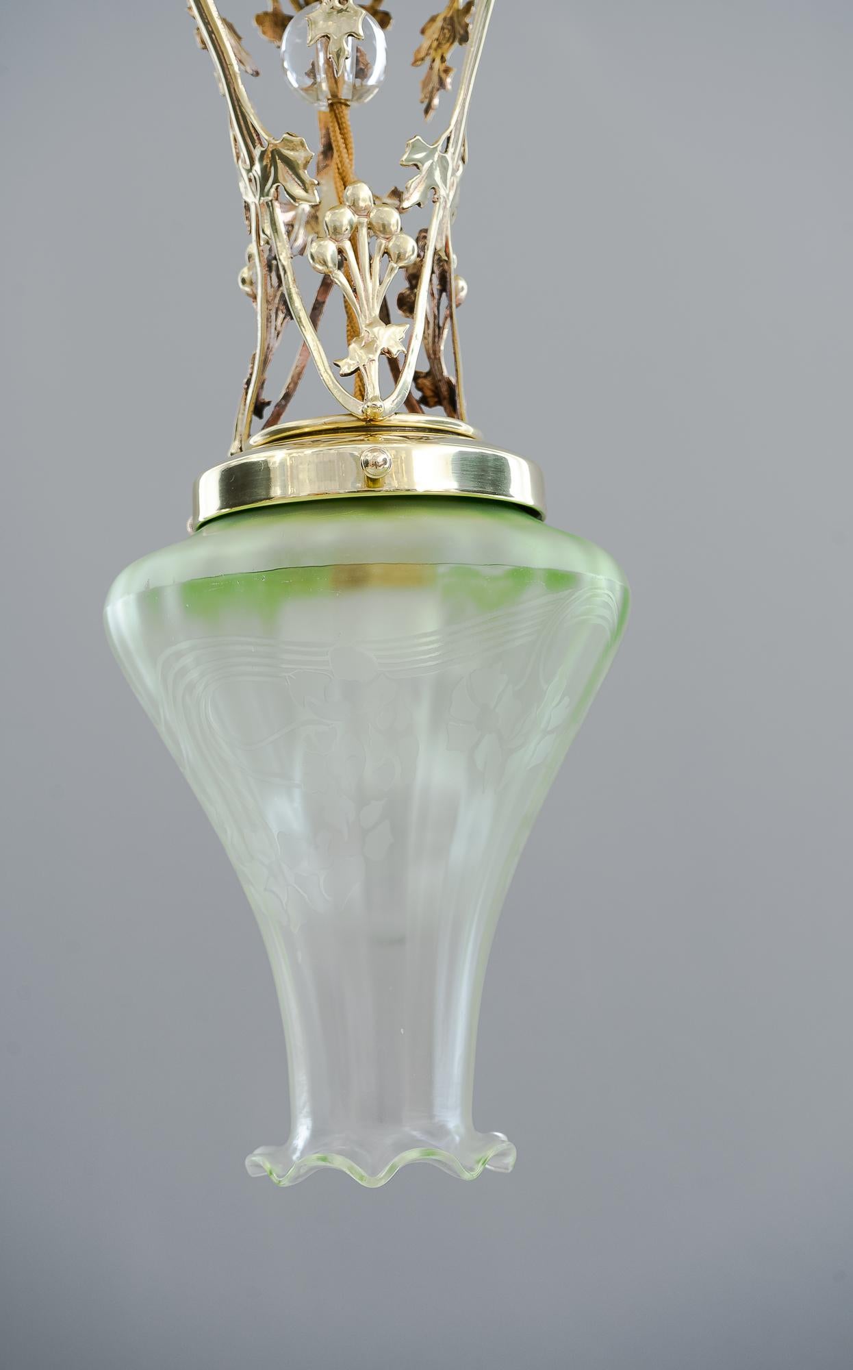 Polished Jugendstil Ceiling Lamp Vienna circa 1908 with Original Glass Shade For Sale