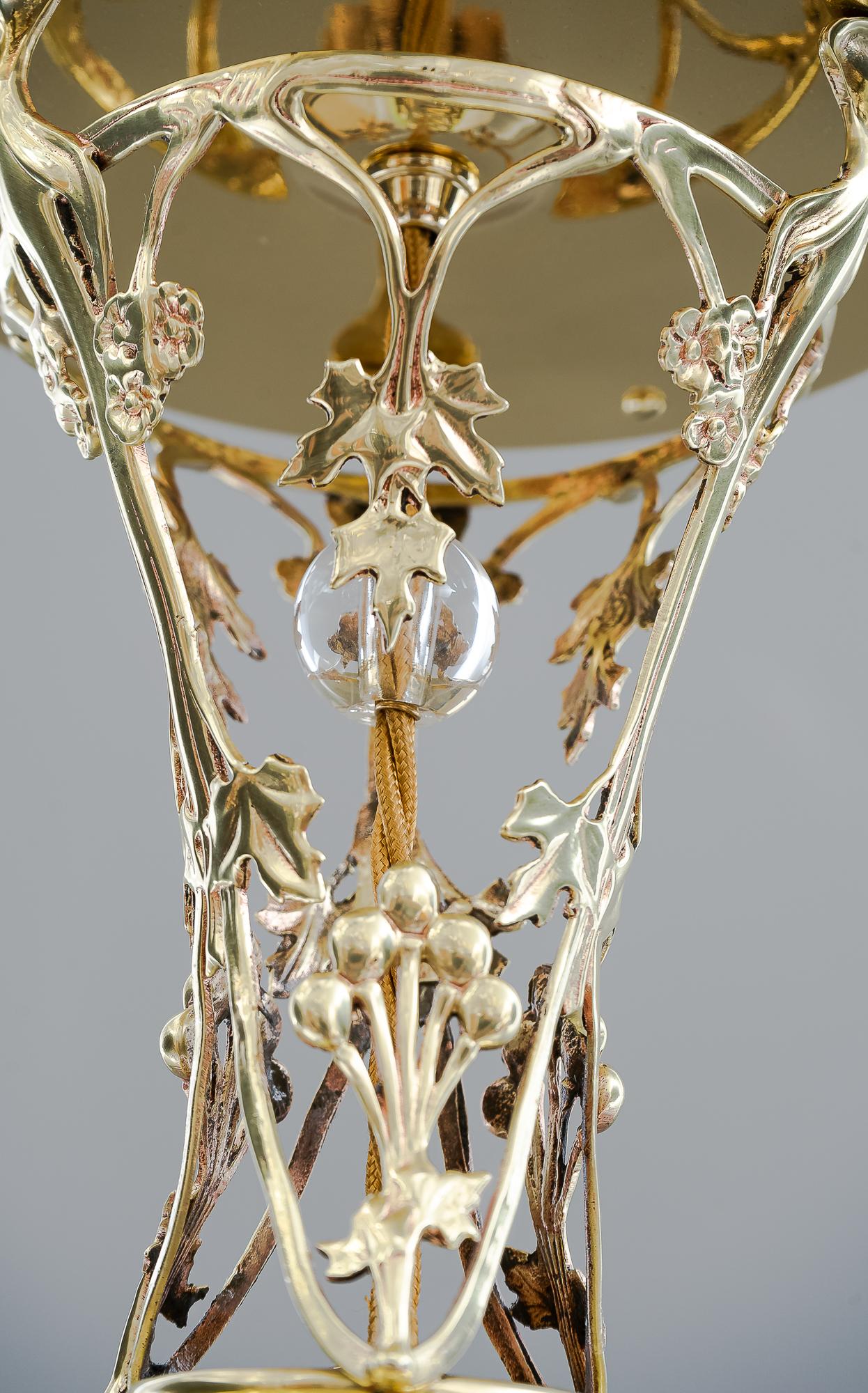 Brass Jugendstil Ceiling Lamp Vienna circa 1908 with Original Glass Shade For Sale