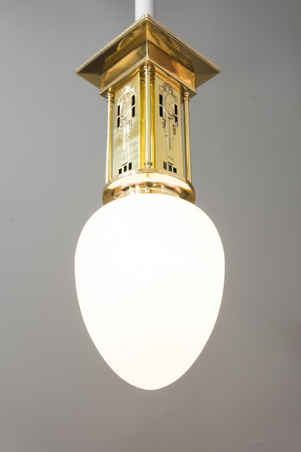 Jugendstil Ceiling Lamp with Opaline Glass Shade, circa 1910s 4